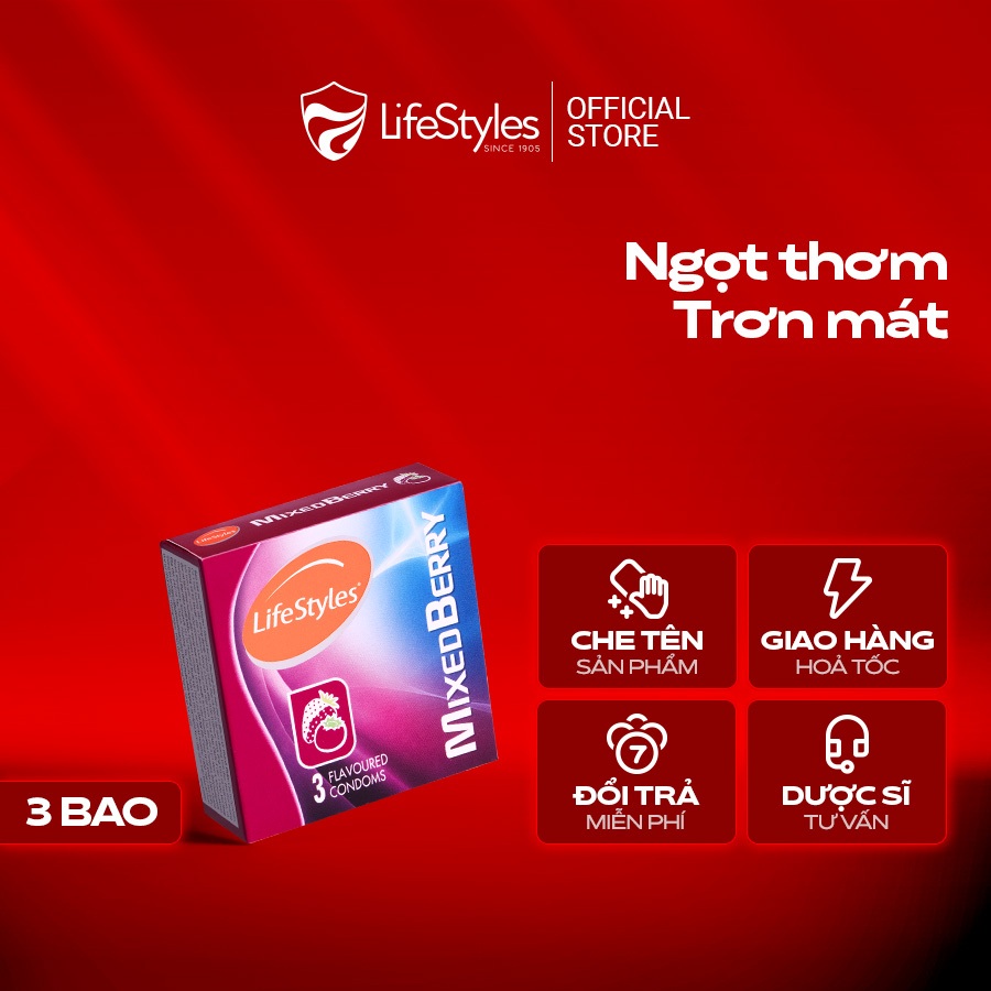 Mô tả Bao cao su hương dâu thơm vị trái cây LifeStyles Mixed Berry hộp 3 bcs - 1
