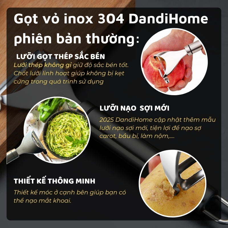 Mô tả Dụng cụ gọt vỏ, nạo sợi inox 304 DandiHome cao cấp - 5
