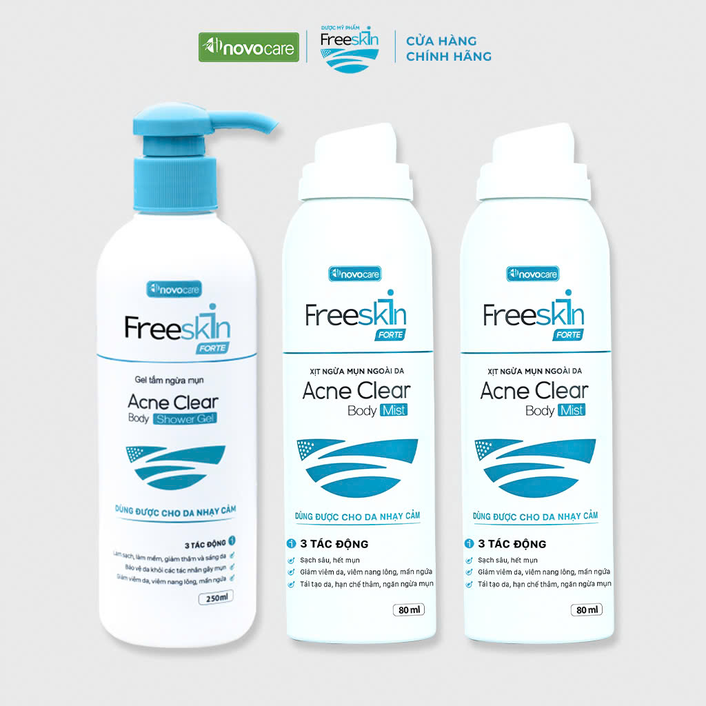 Mô tả Combo 2 Xịt mụn lưng & 1 Gel tắm ngừa mụn Novocare - Freeskin chuyên dùng cho mụn cơ thể, viêm nang lông 80ml và 250ml - 1