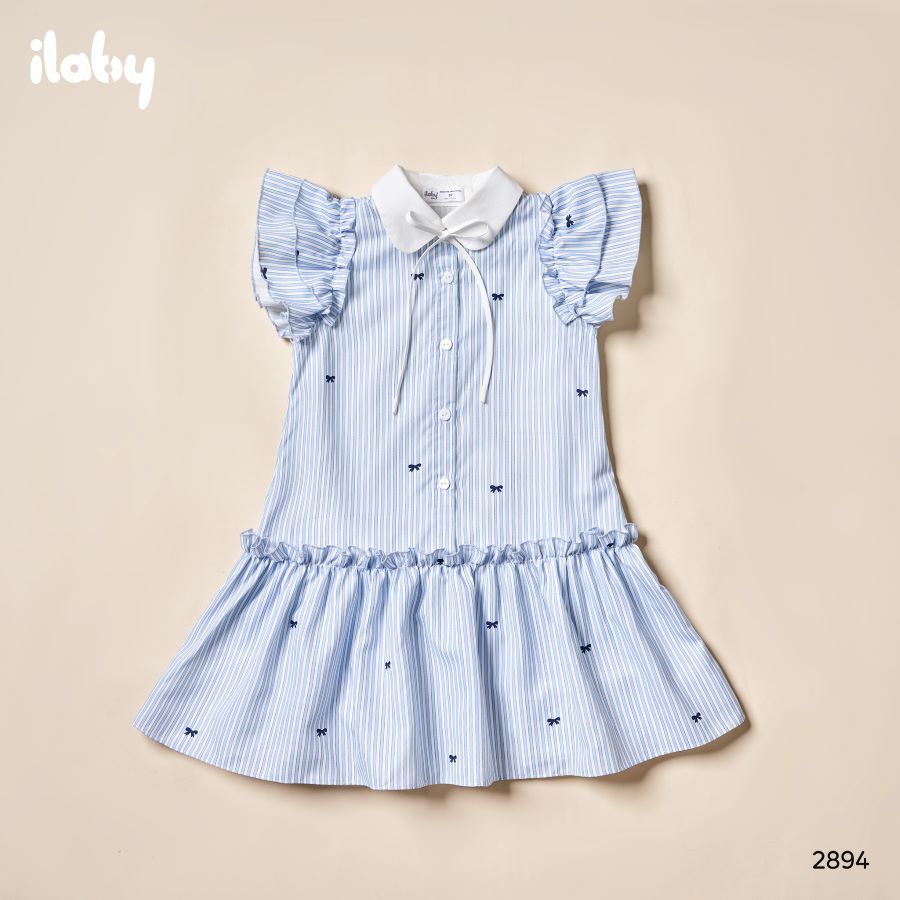 Mô tả Váy cho bé gái ILABY chất thô kẻ in họa tiết nơ tay cánh tiên nhún bèo cổ sen [2894] - 1
