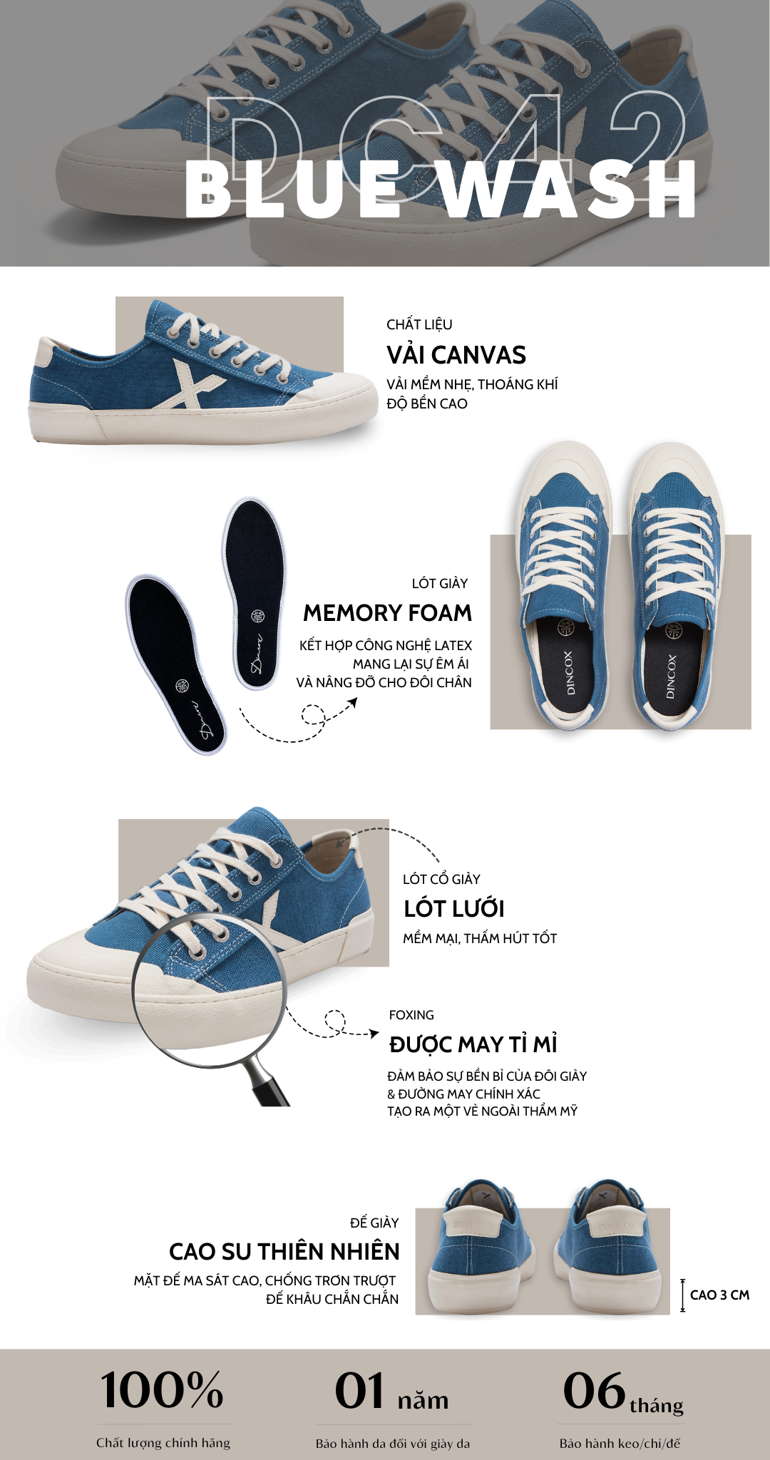 Giày Sneaker Vải Nam DINCOX DC42 BLUE WASH