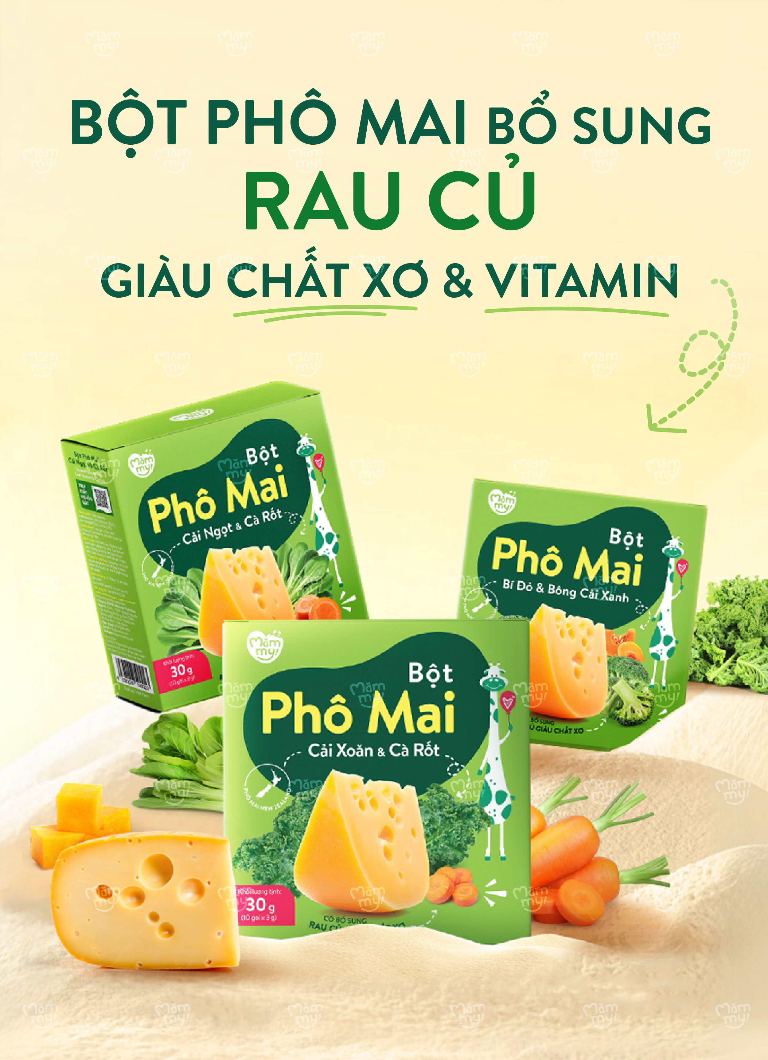 Mô tả Phô mai rau củ Mămmy dạng bột kết hợp với rau củ tự nhiên bổ sung canxi và chất xơ cho bé 6 tháng - 1