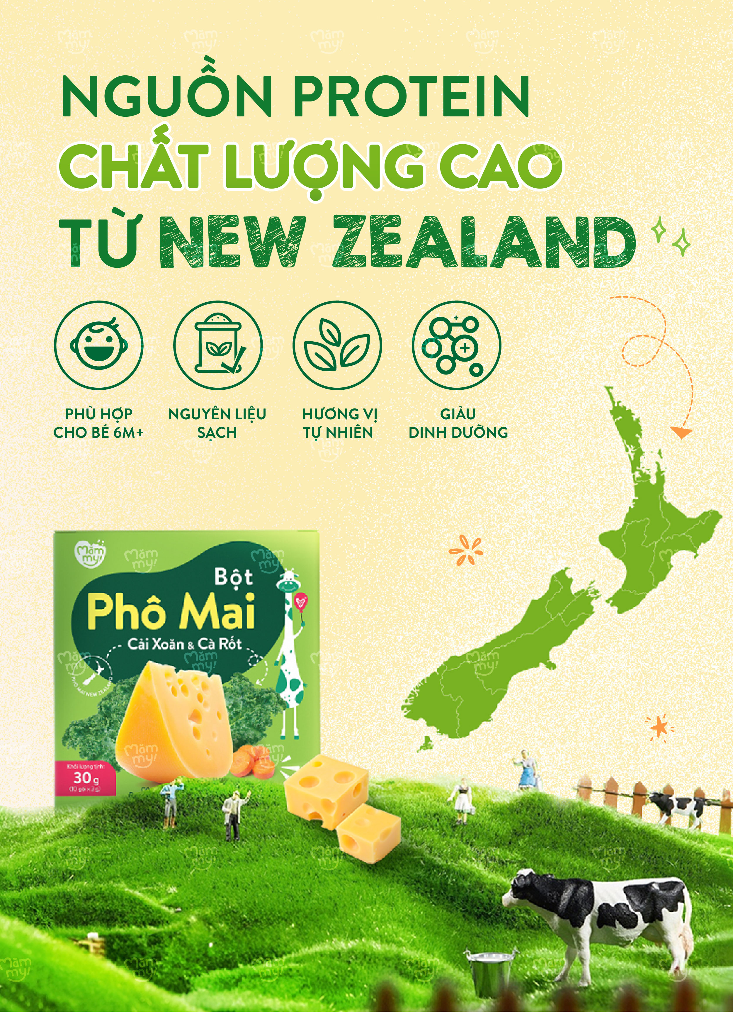 Mô tả Phô mai rau củ Mămmy dạng bột kết hợp với rau củ tự nhiên bổ sung canxi và chất xơ cho bé 6 tháng - 2