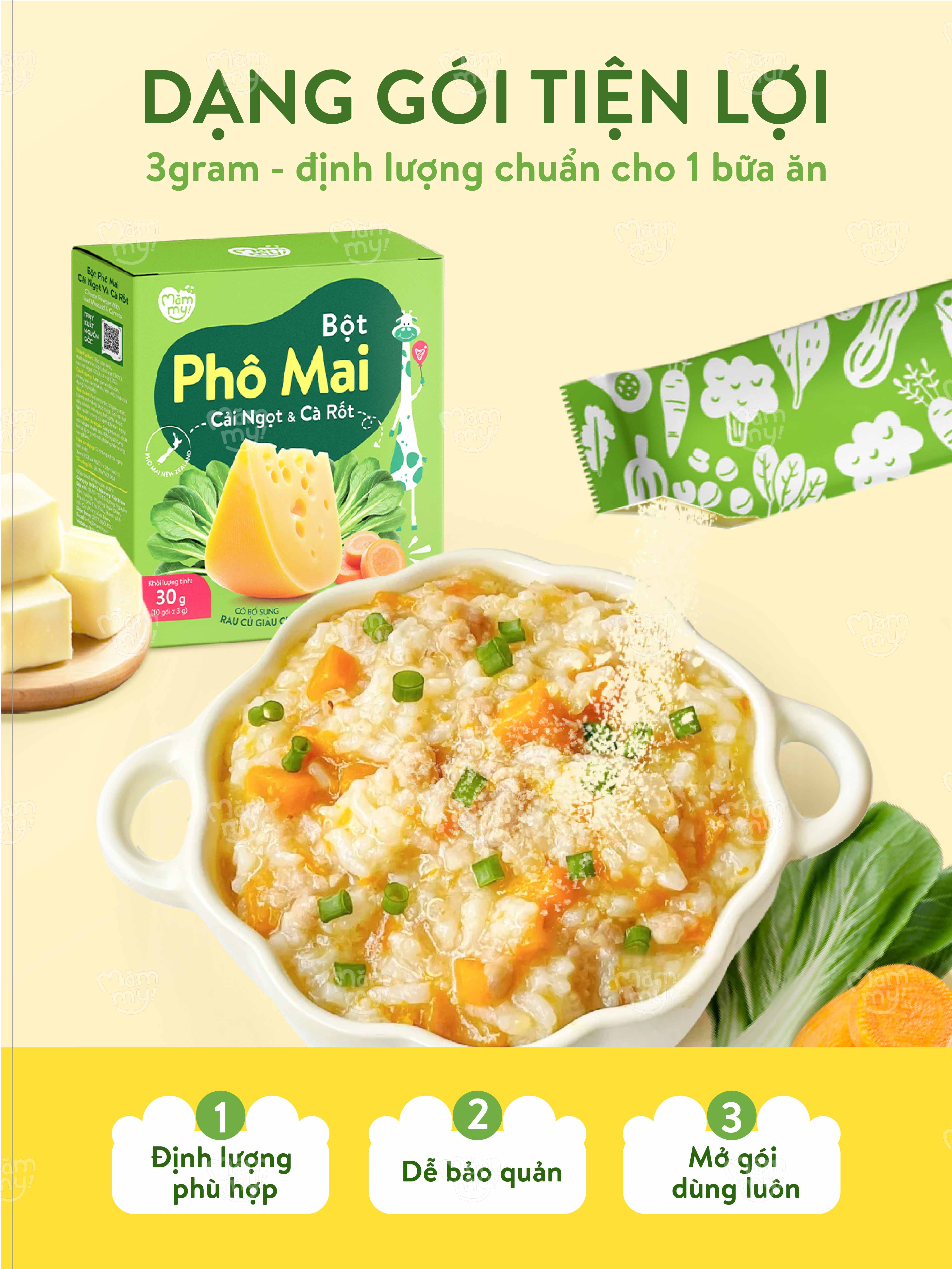 Mô tả Phô mai rau củ Mămmy dạng bột kết hợp với rau củ tự nhiên bổ sung canxi và chất xơ cho bé 6 tháng - 3