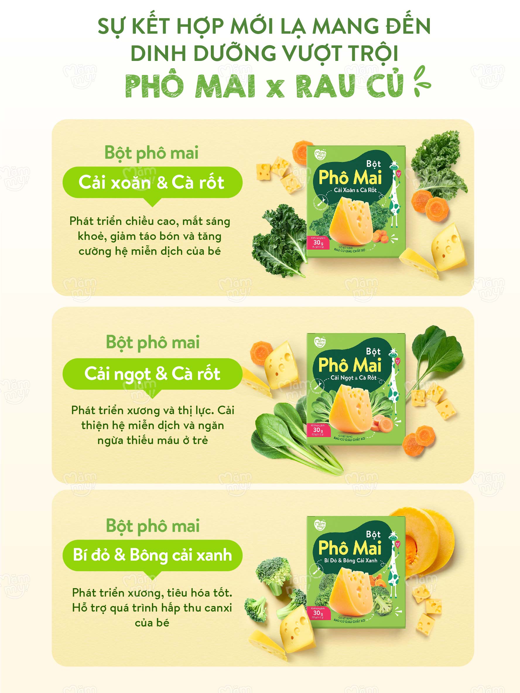 Mô tả Phô mai rau củ Mămmy dạng bột kết hợp với rau củ tự nhiên bổ sung canxi và chất xơ cho bé 6 tháng - 6