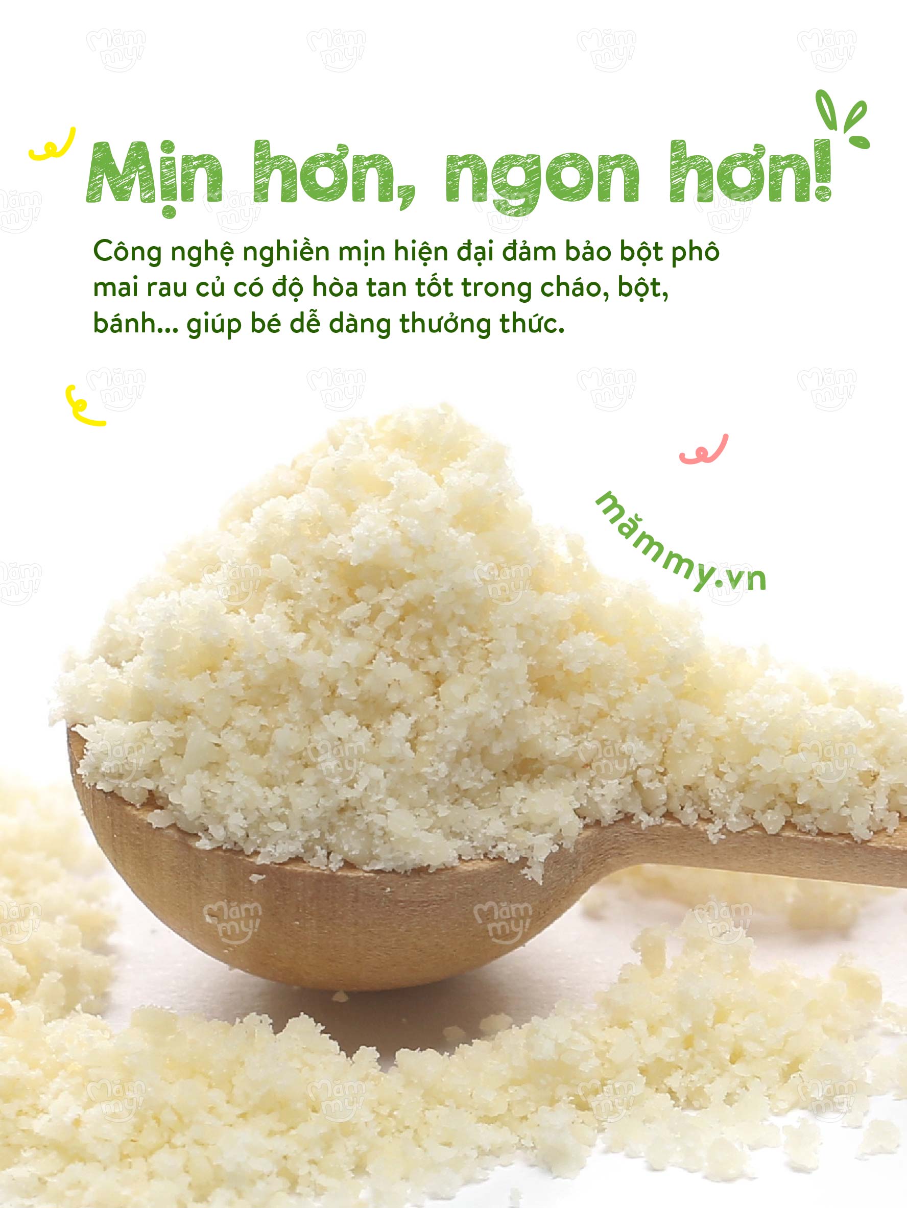 Mô tả Phô mai rau củ Mămmy dạng bột kết hợp với rau củ tự nhiên bổ sung canxi và chất xơ cho bé 6 tháng - 9