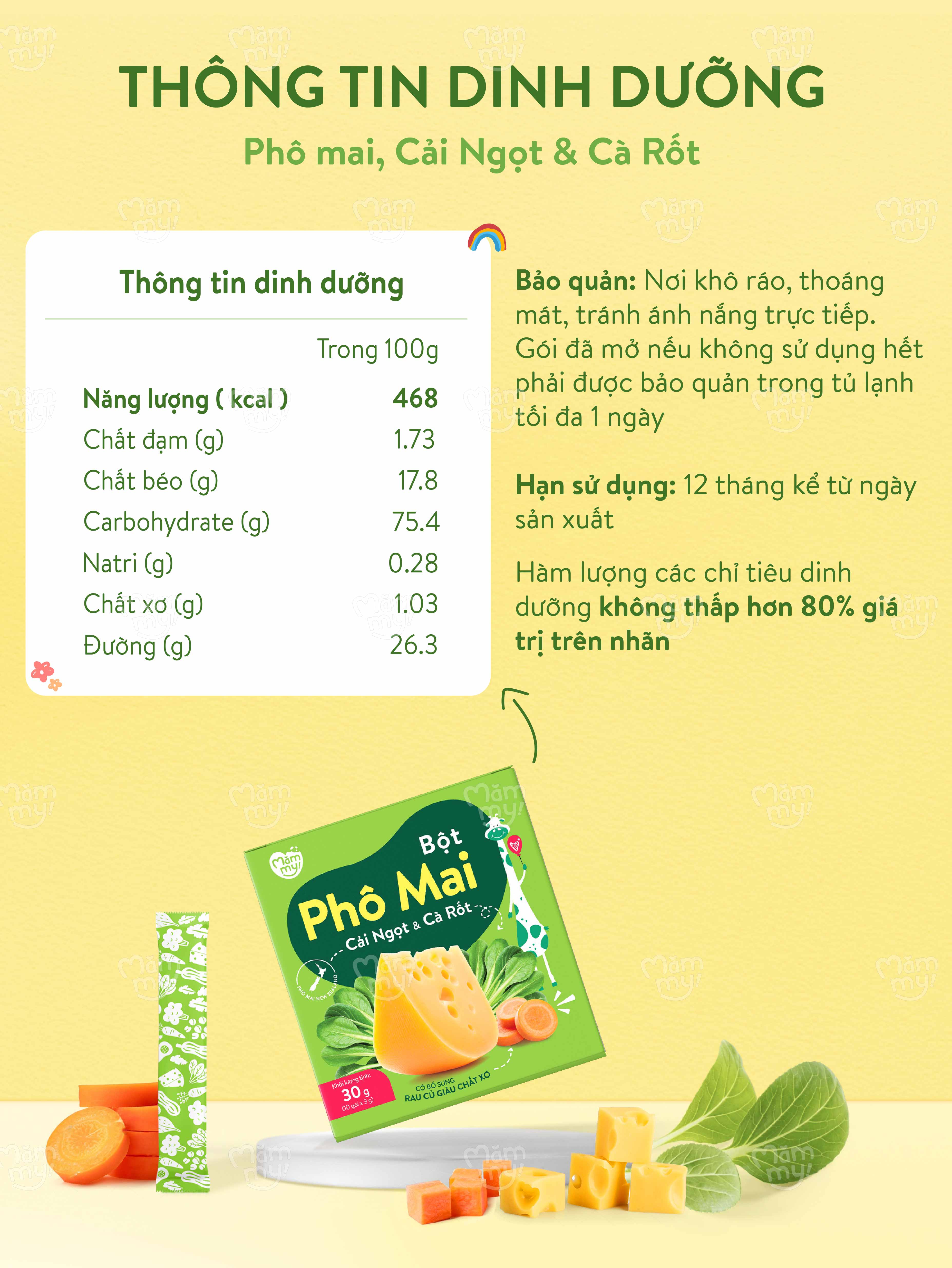 Mô tả Phô mai rau củ Mămmy dạng bột kết hợp với rau củ tự nhiên bổ sung canxi và chất xơ cho bé 6 tháng - 11