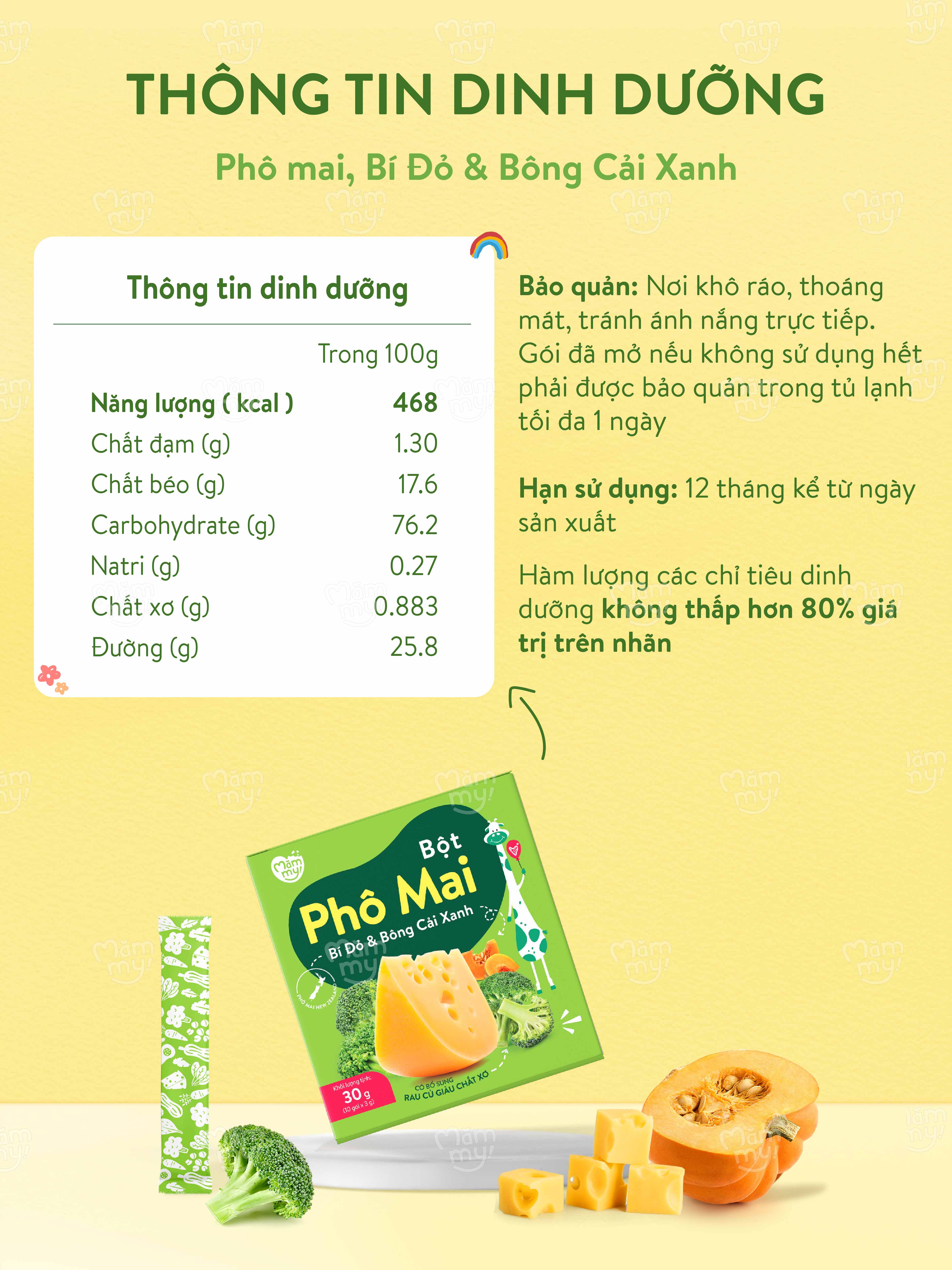 Mô tả Phô mai rau củ Mămmy dạng bột kết hợp với rau củ tự nhiên bổ sung canxi và chất xơ cho bé 6 tháng - 10