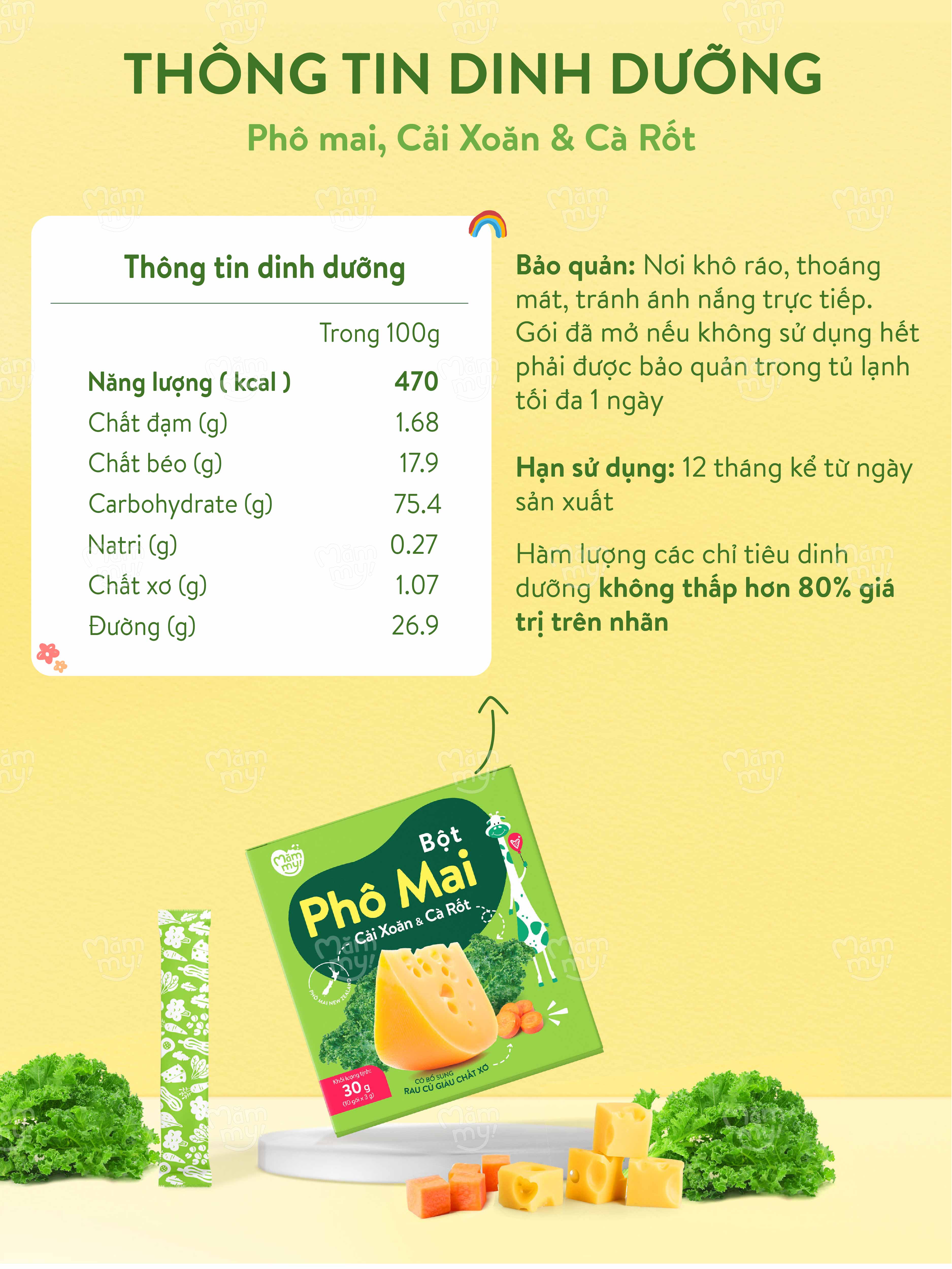 Mô tả Phô mai rau củ Mămmy dạng bột kết hợp với rau củ tự nhiên bổ sung canxi và chất xơ cho bé 6 tháng - 12