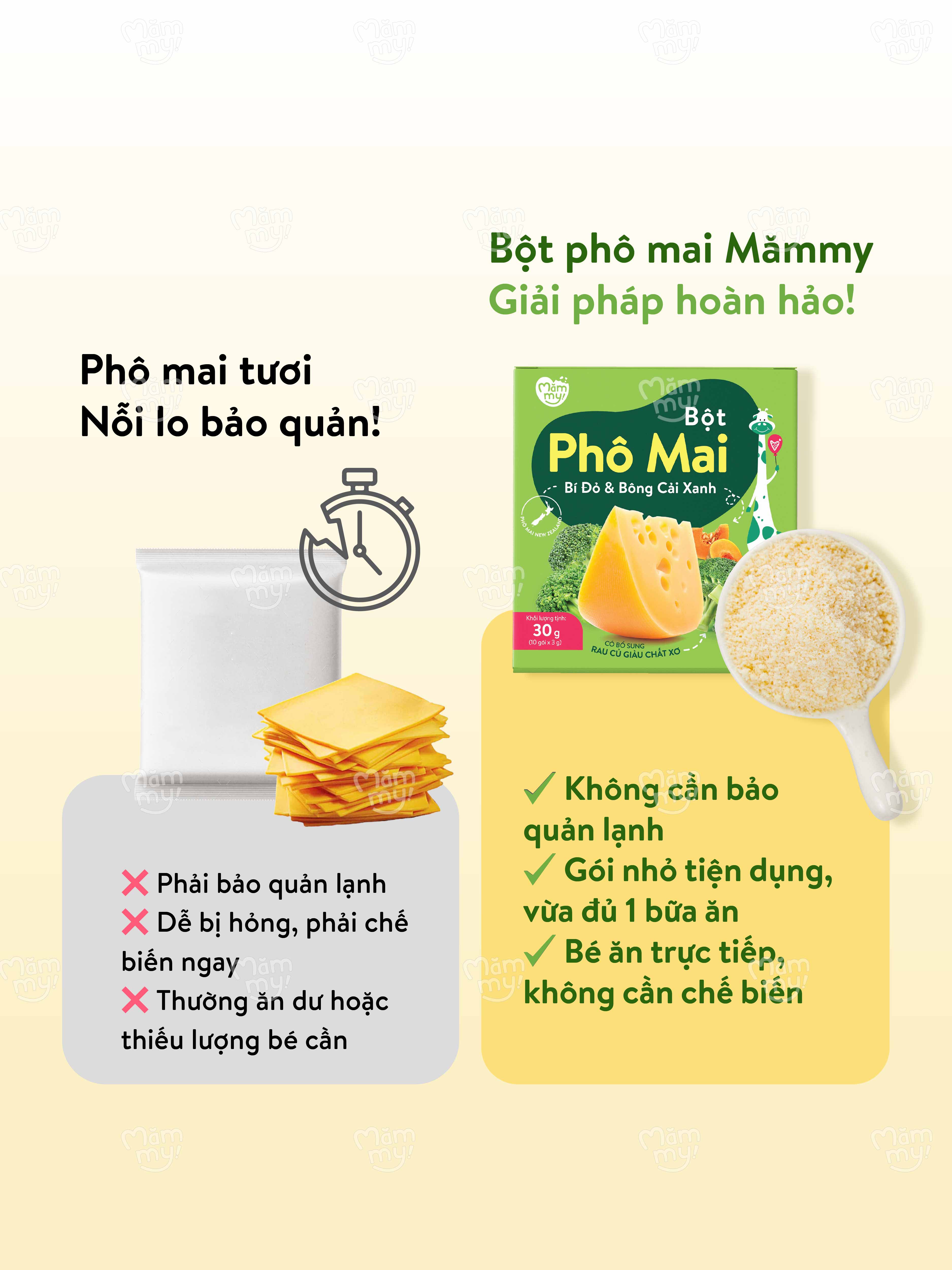 Mô tả Phô mai rau củ Mămmy dạng bột kết hợp với rau củ tự nhiên bổ sung canxi và chất xơ cho bé 6 tháng - 8