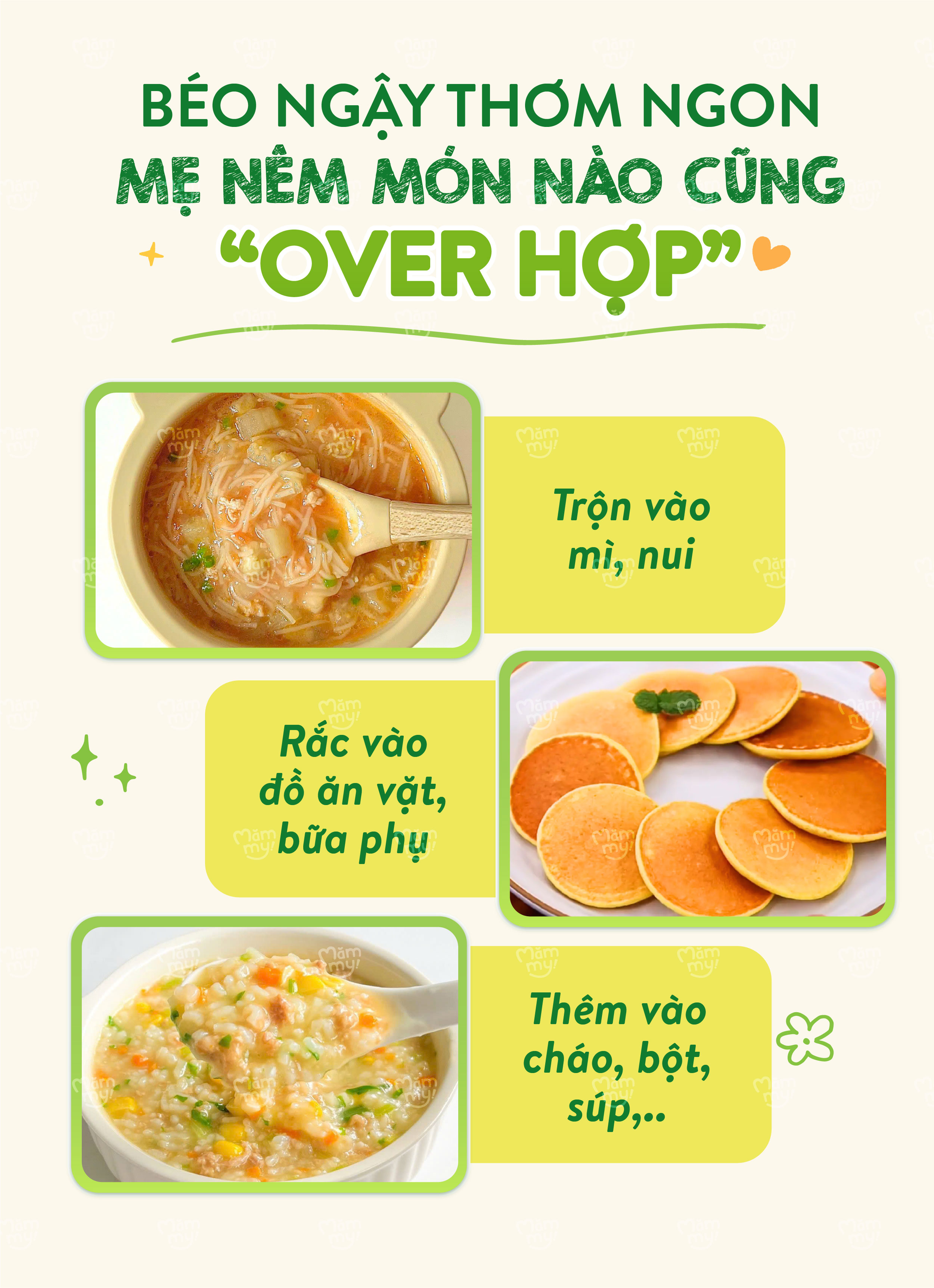 Mô tả Phô mai rau củ Mămmy dạng bột kết hợp với rau củ tự nhiên bổ sung canxi và chất xơ cho bé 6 tháng - 7