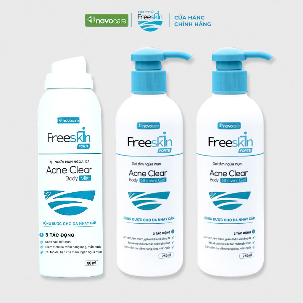 Mô tả Combo 2 Gel tắm ngừa mụn & 1 Xịt mụn lưng Novocare - Freeskin chuyên dùng cho da mụn, viêm nang lông 250ml – 80ml - 1