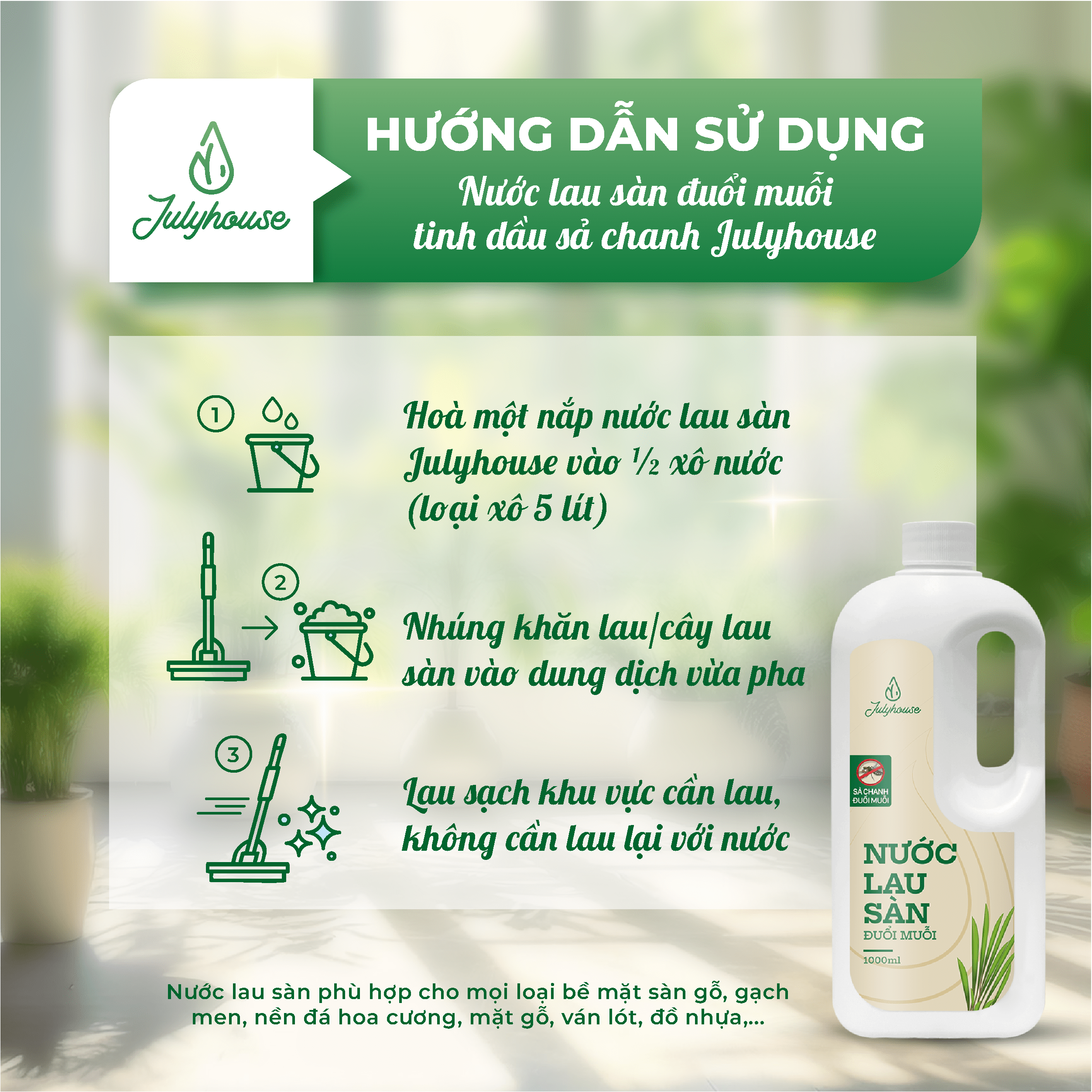Mô tả Nước lau sàn nhà tinh dầu Sả Chanh thơm thư giãn như spa 1000ml JULYHOUSE - 5