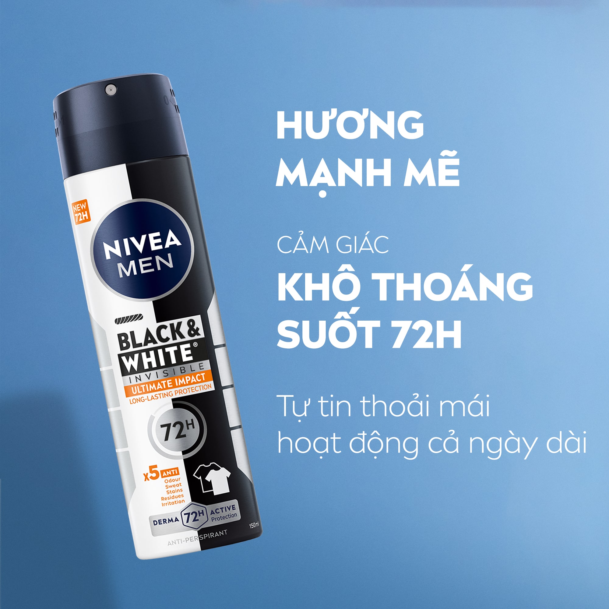 Mô tả Xịt Ngăn Mùi NIVEA MEN Black&White Ngăn Vệt Ố Vàng Vượt Trội | Hương Mạnh Mẽ (150 ml) - 85388 - 4