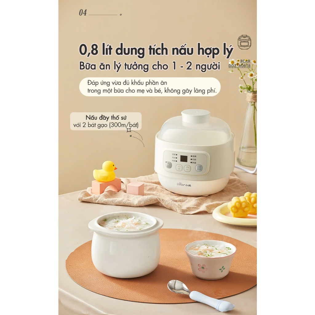 Mô tả Nồi Nấu Chậm Đa Năng 0.8L Bear DDZ-A08T8 (SC-4H08K) | Kèm xửng hấp - Nồi ăn dặm cho bé | Bảo Hành 18 Tháng - 9