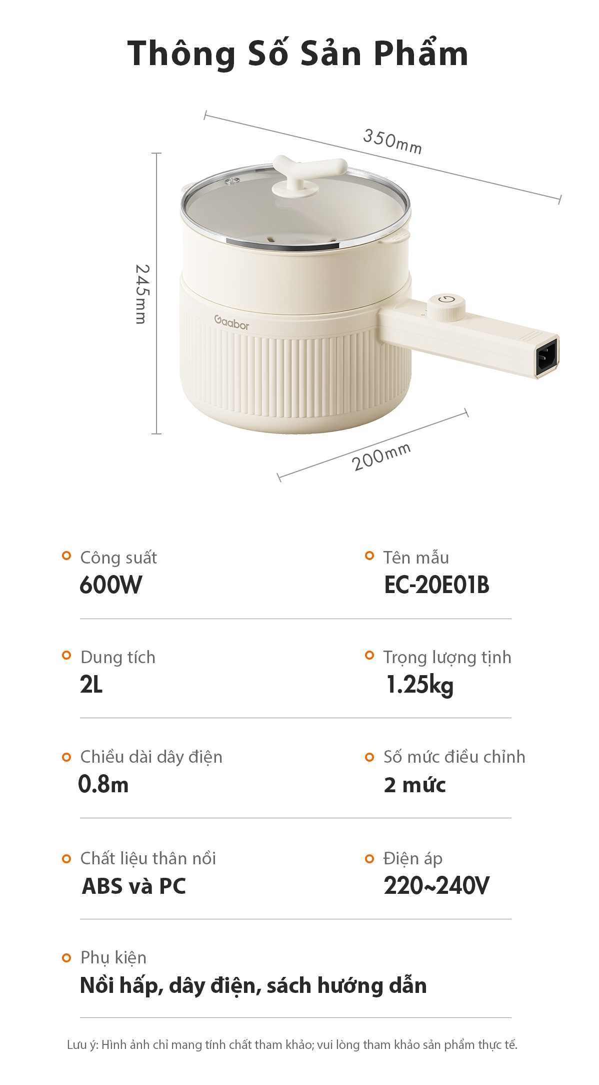 Mô tả Nồi điện đa năng dung tích 2L GAABOR EC-20E01B công suất 600W vân đá chống dính kèm xửng hấp - 5