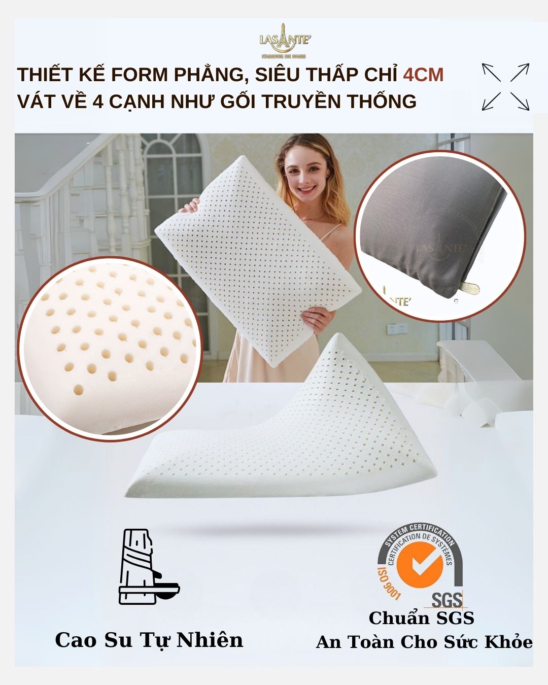 Mô tả Gối Cao Su Thấp 4 Cm Siêu Mỏng Form Phẳng Truyền Thống Lasante Cho Người Nằm Gối Thấp - 4