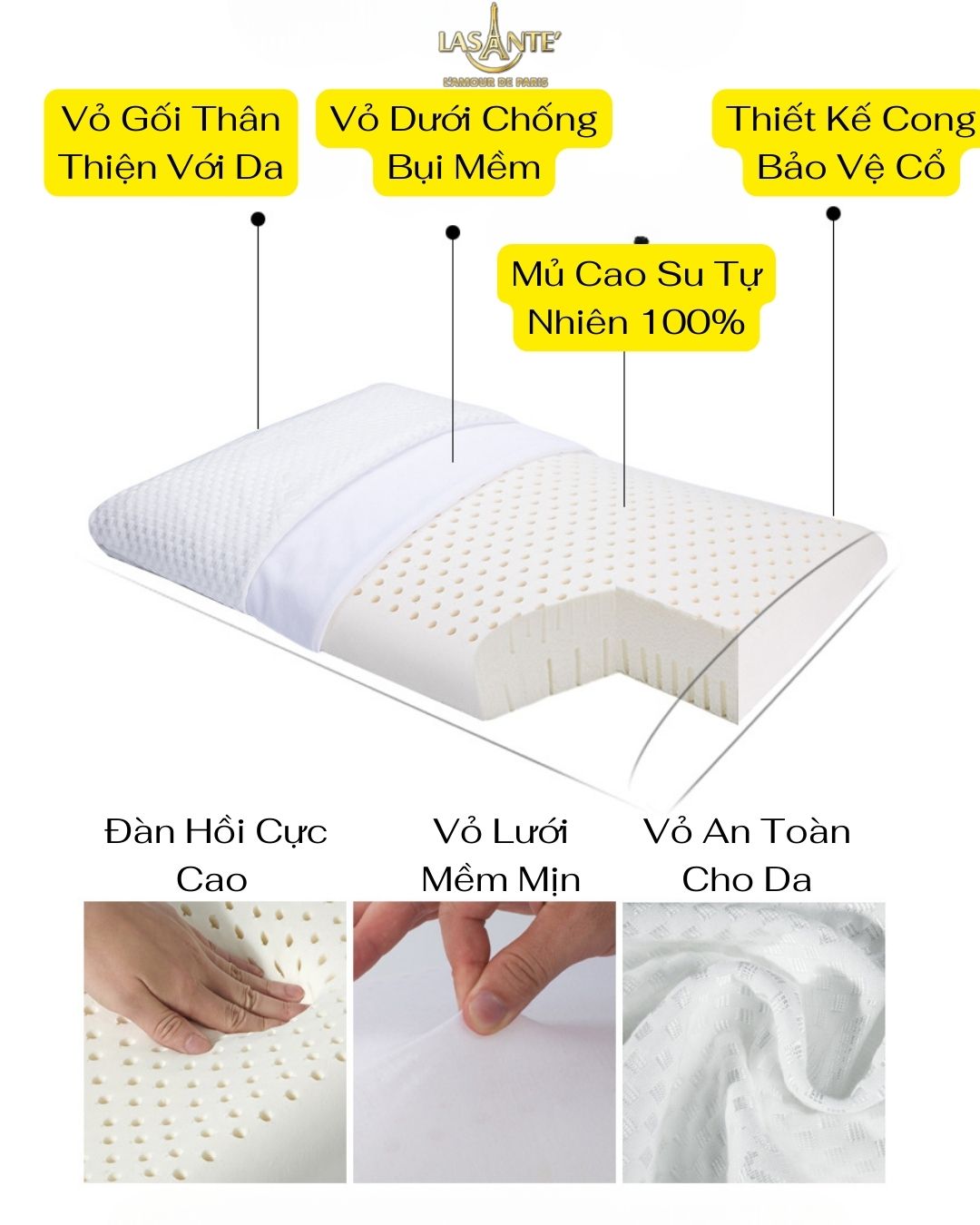 Mô tả Gối Cao Su Thấp 4 Cm Siêu Mỏng Form Phẳng Truyền Thống Lasante Cho Người Nằm Gối Thấp - 5