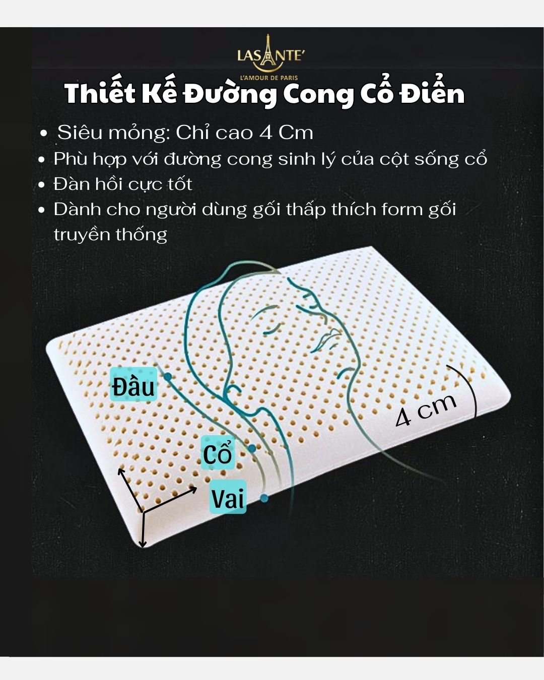 Mô tả Gối Cao Su Thấp 4 Cm Siêu Mỏng Form Phẳng Truyền Thống Lasante Cho Người Nằm Gối Thấp - 6