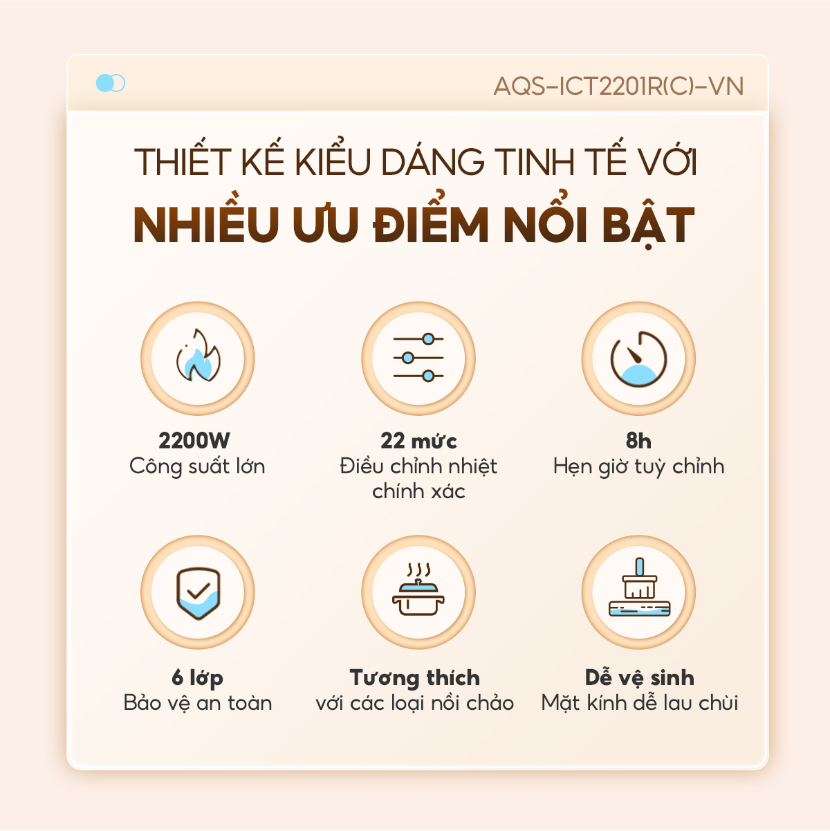 Mô tả Bếp từ đơn AQUA ICT2201R 2200W, hẹn giờ 8 tiếng, 22 mức chỉnh nhiệt, màn hình tiếng Việt - 2