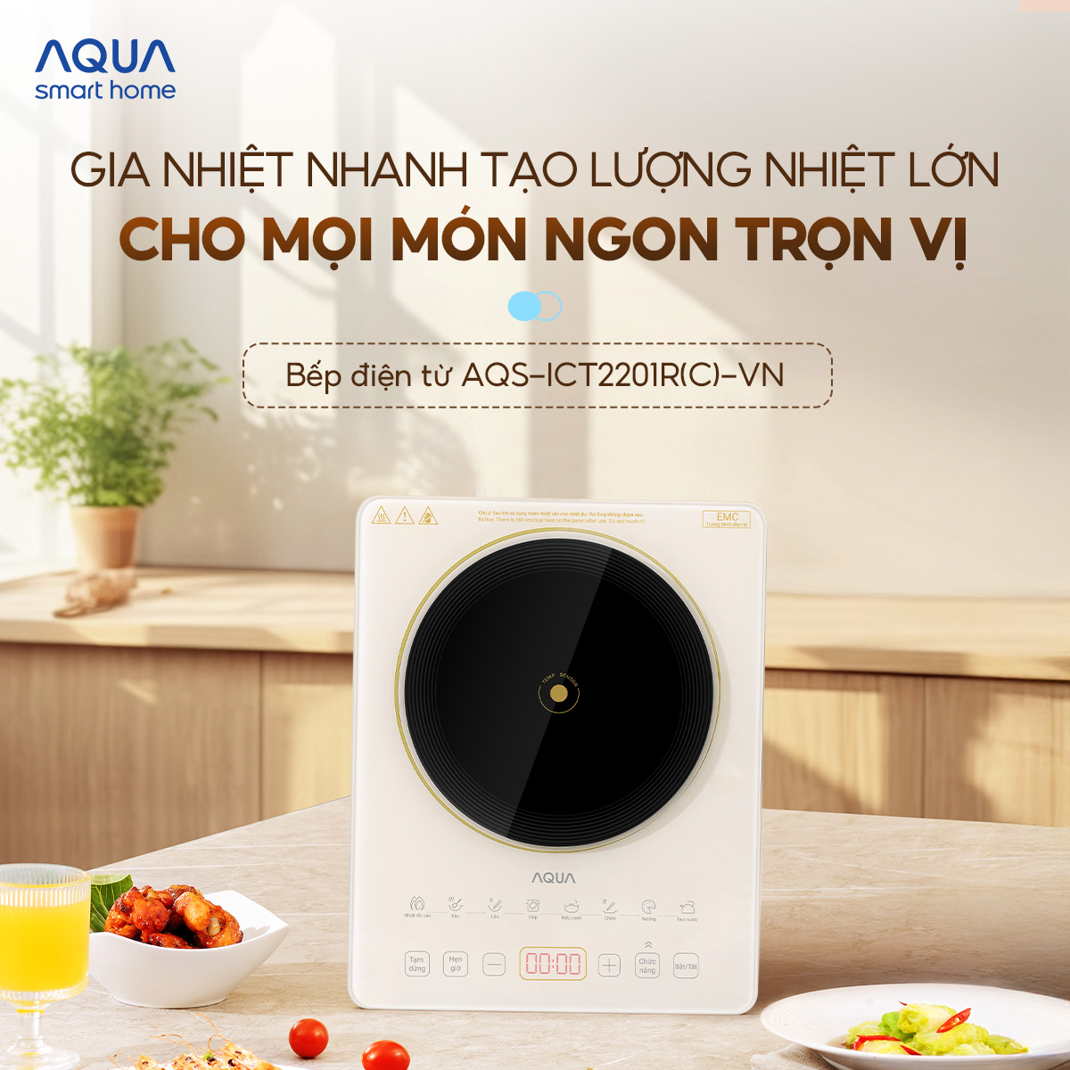 Mô tả Bếp từ đơn AQUA ICT2201R 2200W, hẹn giờ 8 tiếng, 22 mức chỉnh nhiệt, màn hình tiếng Việt - 1