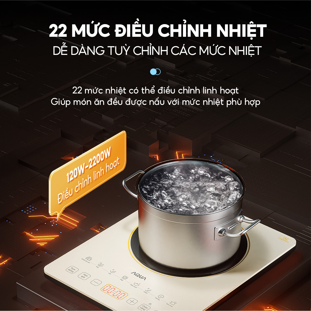 Mô tả Bếp từ đơn AQUA ICT2201R 2200W, hẹn giờ 8 tiếng, 22 mức chỉnh nhiệt, màn hình tiếng Việt - 5