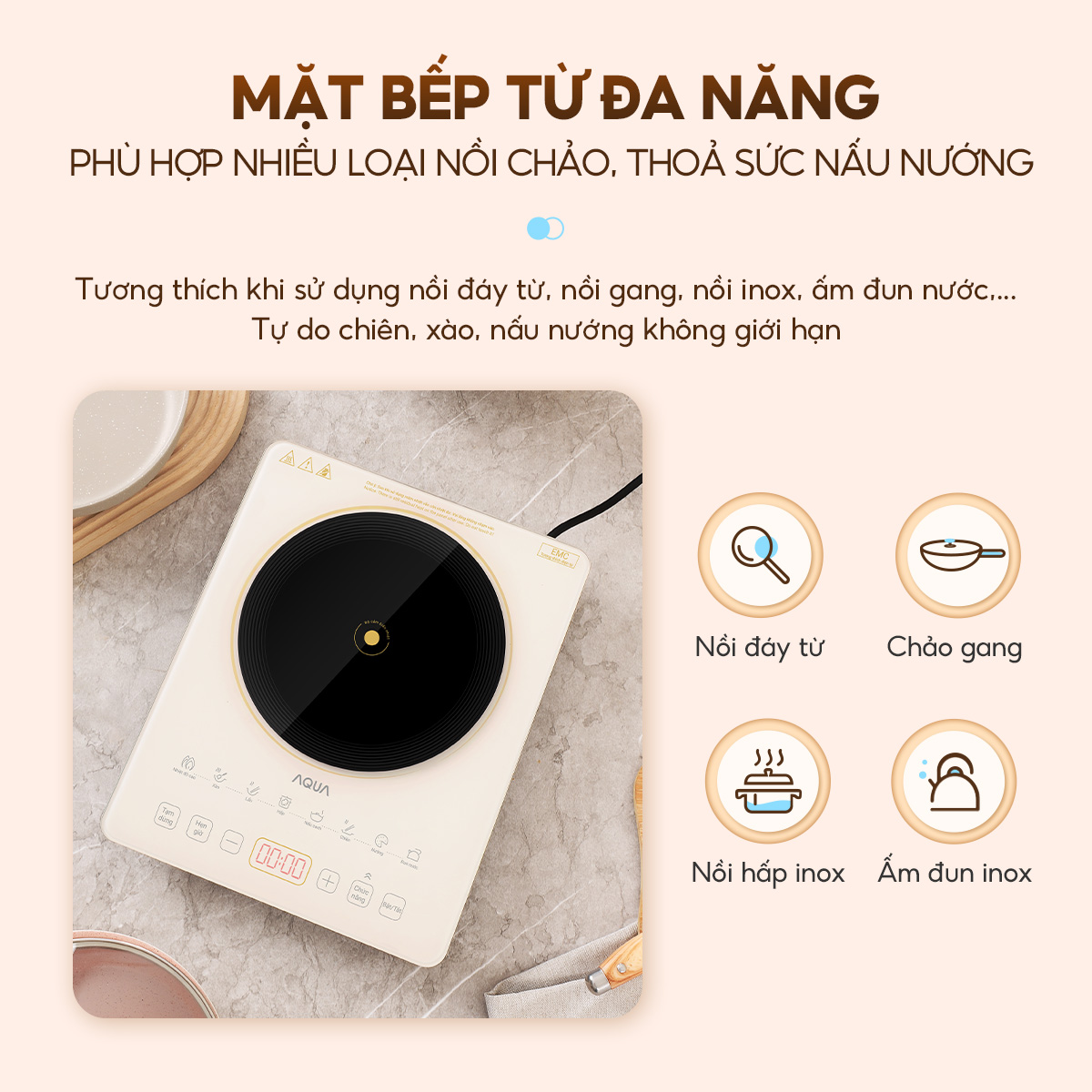 Mô tả Bếp từ đơn AQUA ICT2201R 2200W, hẹn giờ 8 tiếng, 22 mức chỉnh nhiệt, màn hình tiếng Việt - 8
