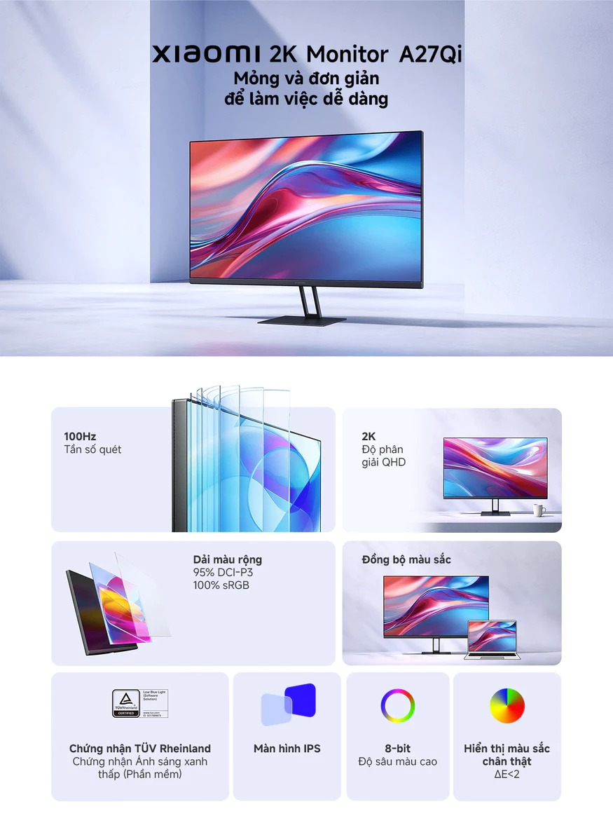 Mô tả Màn Hình Máy Tính PC Xiaomi Monitor 2K A27Qi 27inch - Tấm Nền LCD IPS -Tần Số Quét 100Hz - Thời gian phản hồi chỉ 6ms - 1