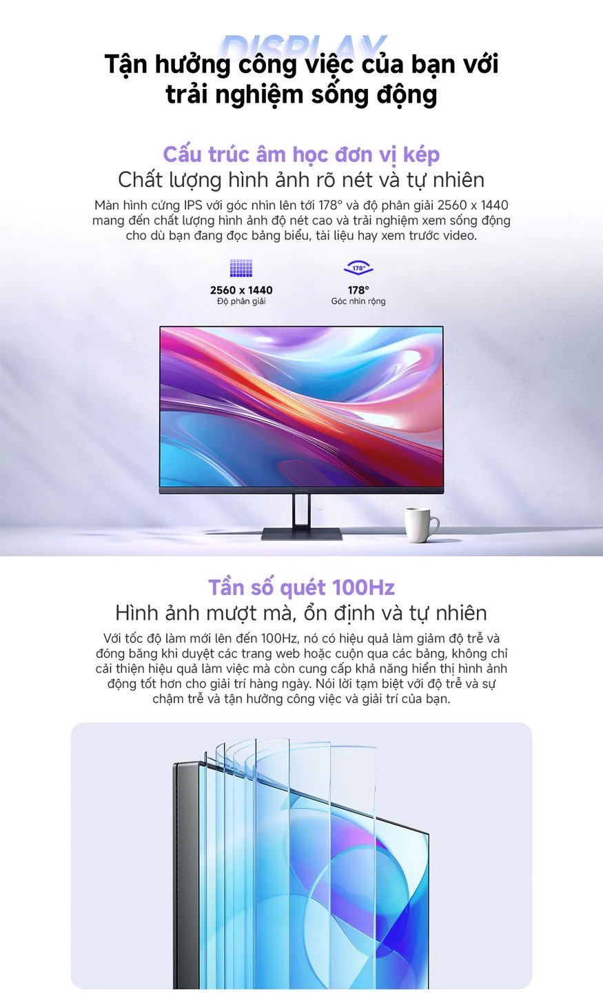 Mô tả Màn Hình Máy Tính PC Xiaomi Monitor 2K A27Qi 27inch - Tấm Nền LCD IPS -Tần Số Quét 100Hz - Thời gian phản hồi chỉ 6ms - 2
