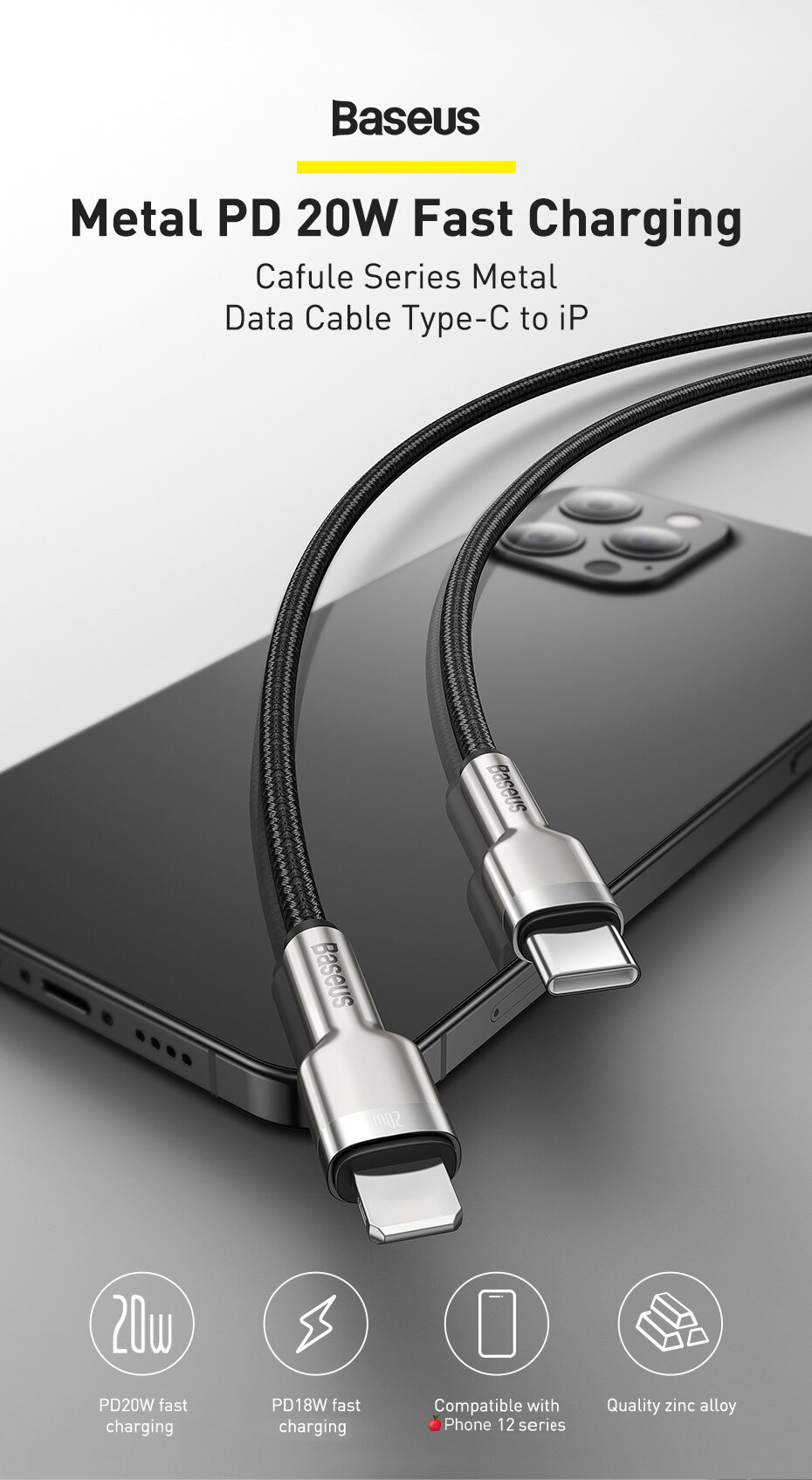 Mô tả Dây cáp sạc nhanh 20W Baseus từ đầu type C sang đầu phone 20W dây bện cực bền· - 1