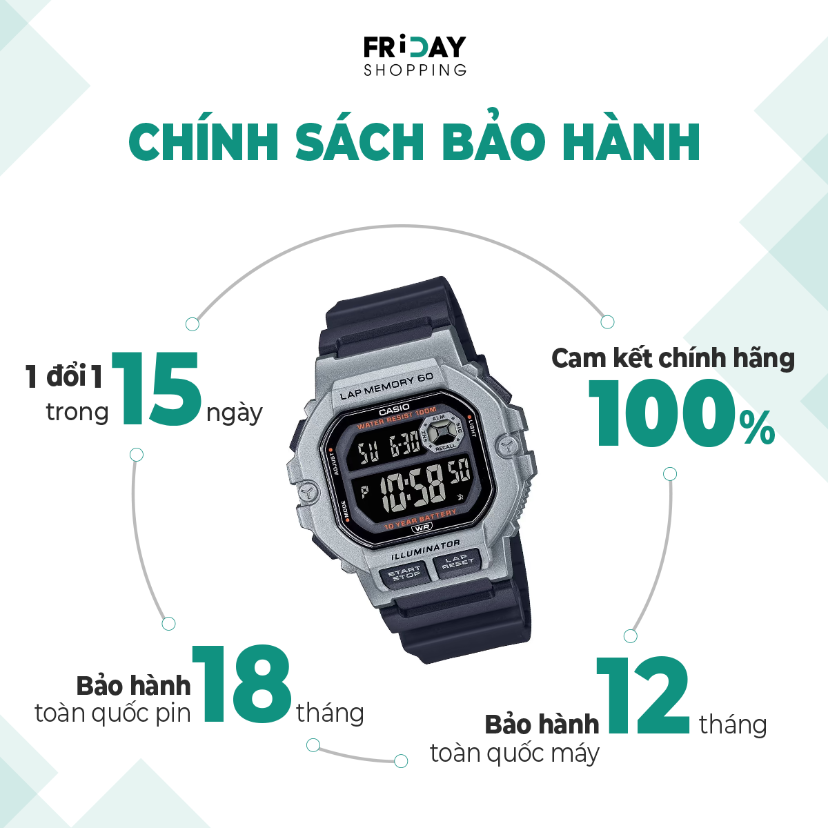 Mô tả Đồng Hồ Casio Nam Điện Tử WS-1400H-1BVDF Mặt Vuông Dây Cao Su Chính Hãng - 4