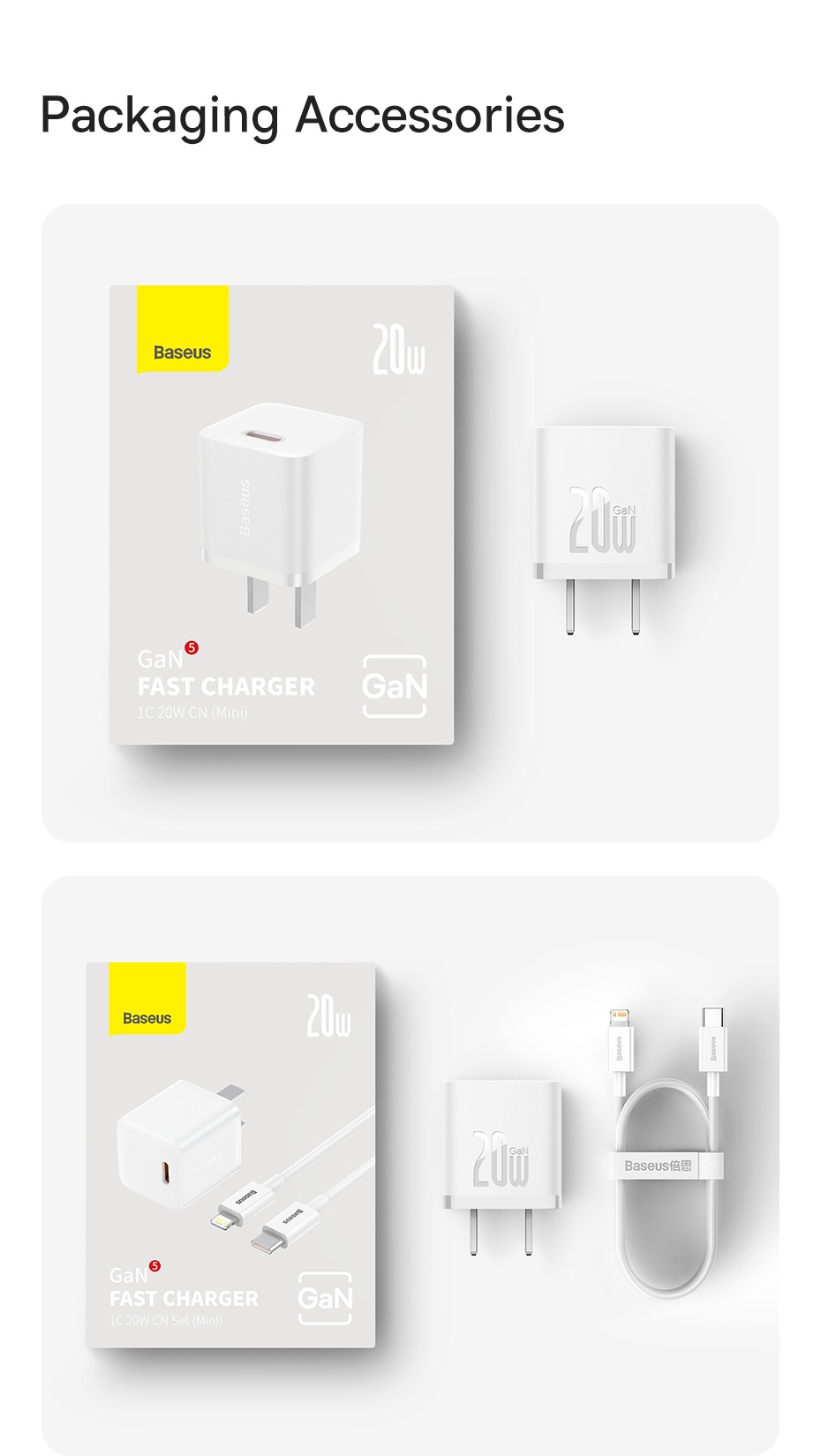 Mô tả Baseus Củ Sạc Bộ Cáp Nhanh PD 20W GaN 5 Sạc điện cho Không Nóng Máy An Toàn Ổn Định - 2