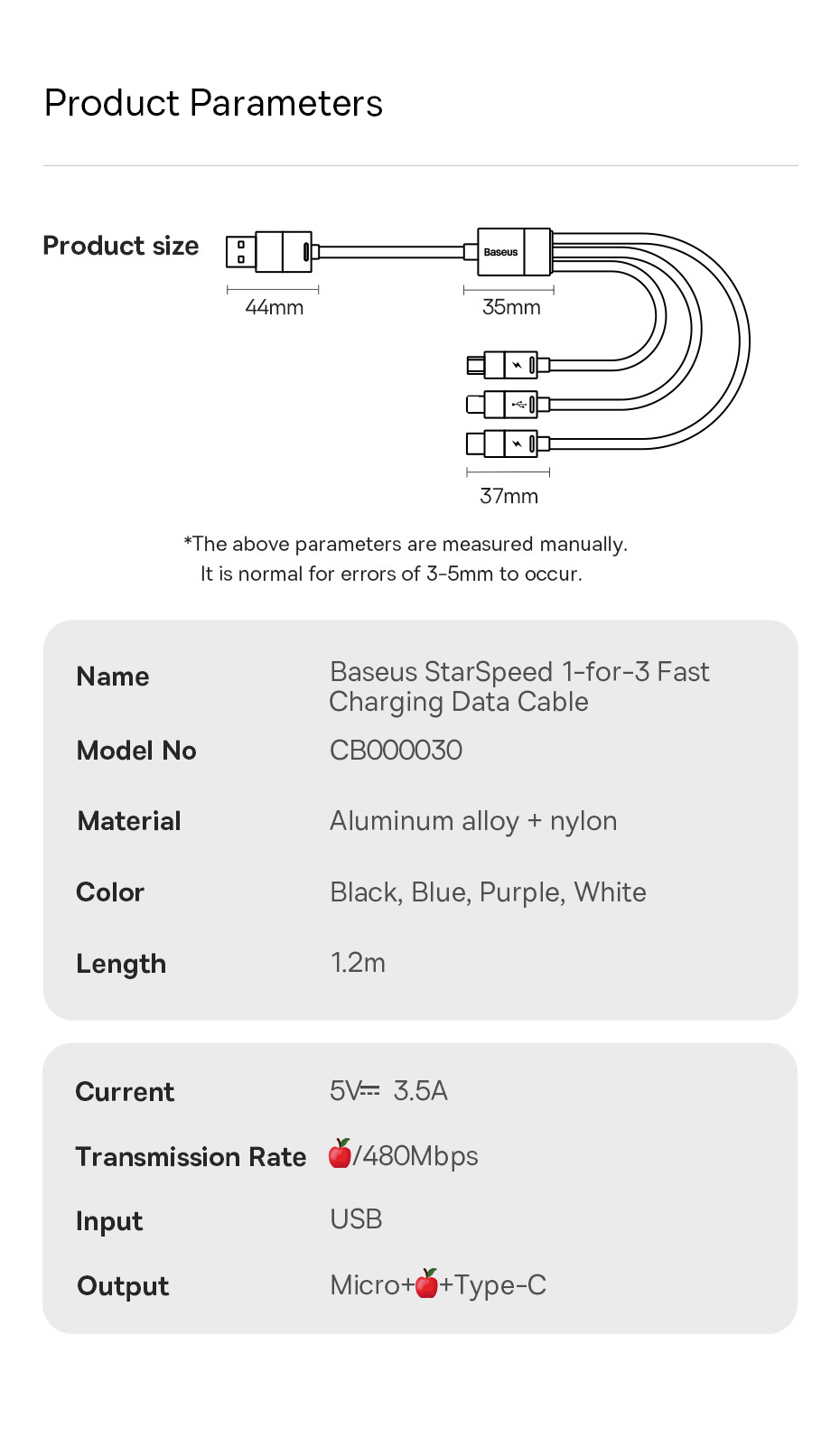 Mô tả Dây Cáp Sạc Baseus 3 Trong 1 USB Sang Type C Micro 3.5A Cho Samsung A71 Xiaomi - 8