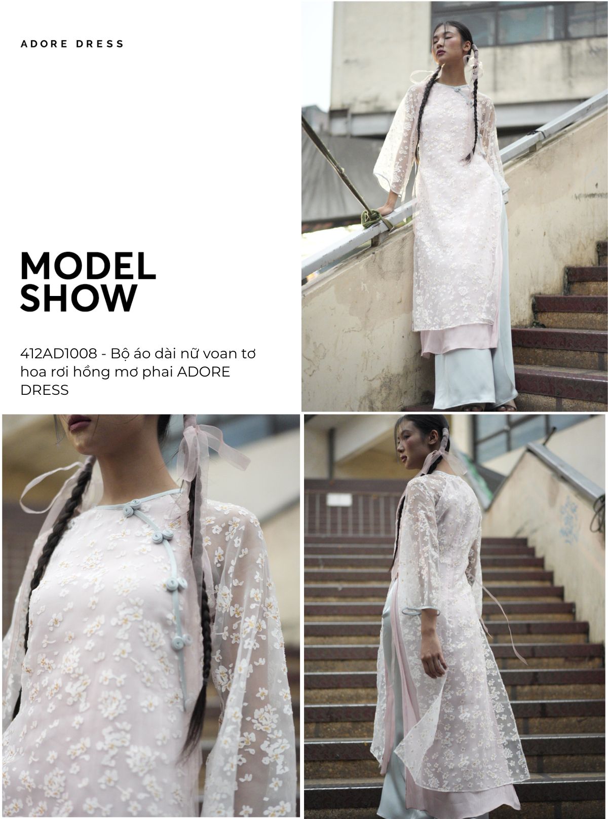 Mô tả 412AD1008 - Bộ áo dài nữ voan tơ hoa rơi hồng mơ phai ADORE DRESS - 1