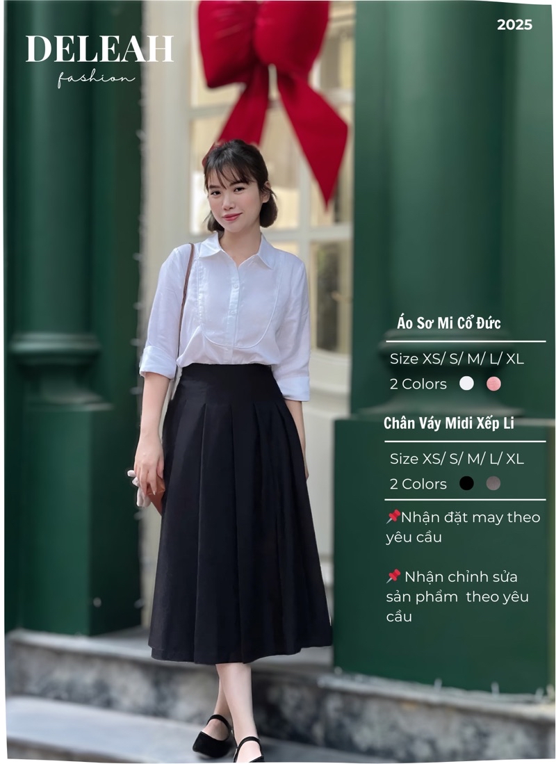 Mô tả De Leah - Áo Sơ Mi Cổ Đức & Chân Váy Midi Xếp Li - Thời Trang Thiết Kế - 1