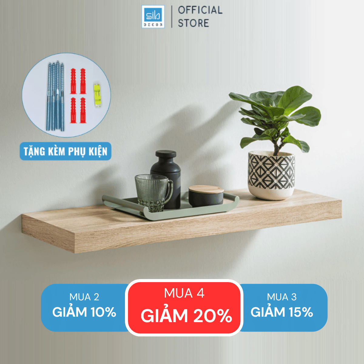 Mô tả Kệ Thanh Ngang Treo Âm Tường Rộng 20cm, Gỗ Dày 25mm Màu Oak 389 SIB Decor KT005 - 1