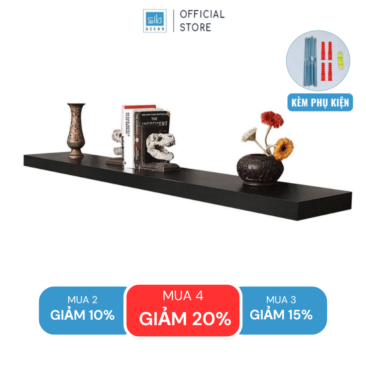 Mô tả Kệ Thanh Ngang Rộng 20cm, Gỗ Dày 25mm Treo Tường Màu Đen SIB Decor KT005 - 1