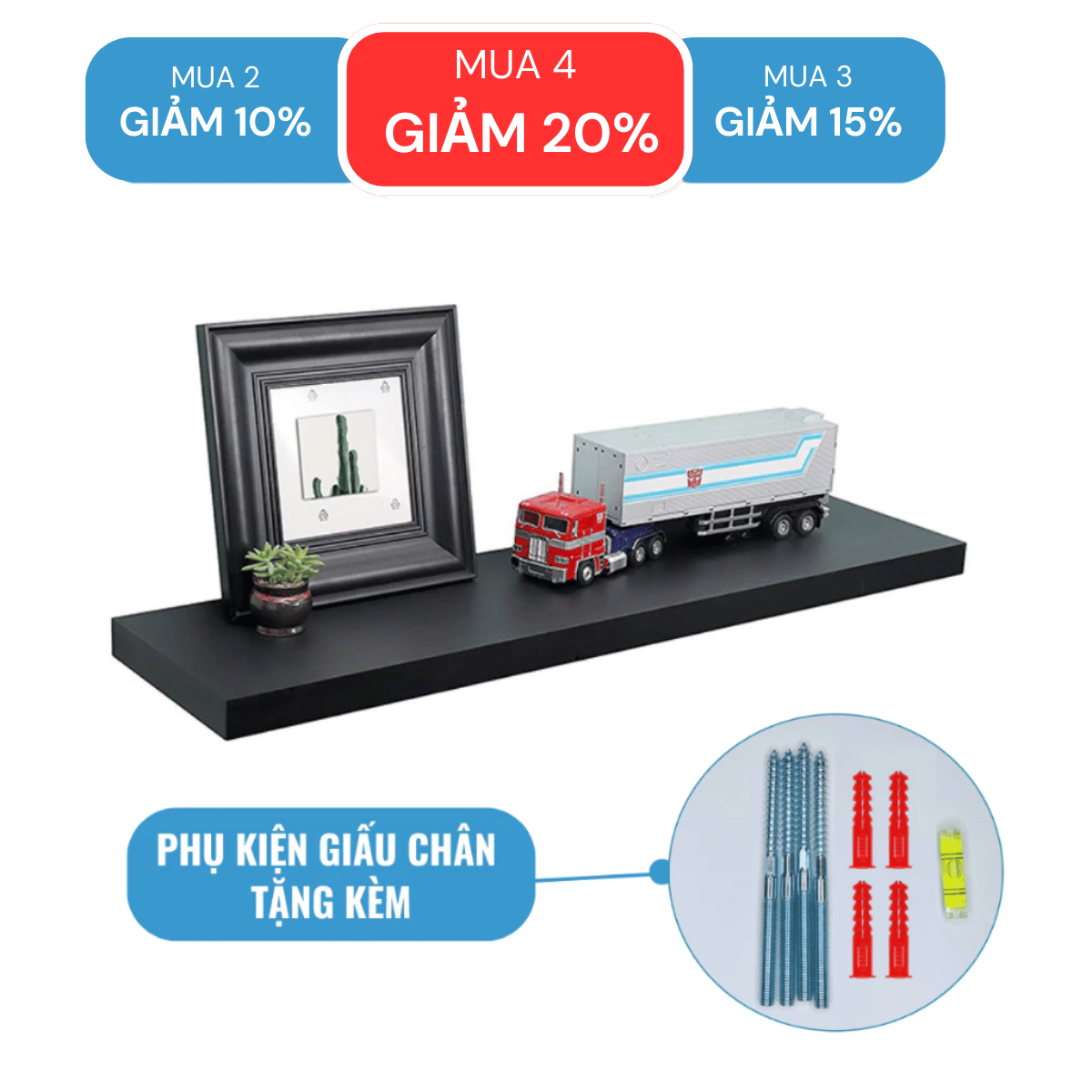 Mô tả Kệ Treo Tường Rộng 20cm, Dày 25mm Màu Đen SIB Decor Chiều Dài 60/80cm KT005 - 1