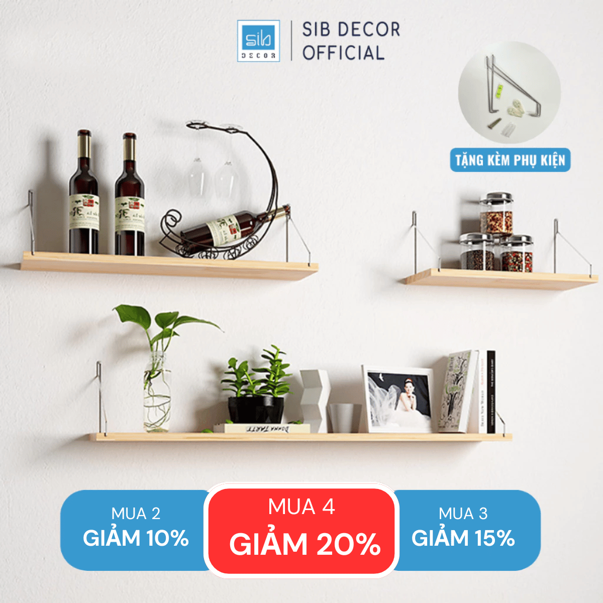 Mô tả Kệ Gỗ Trang Trí Treo Tường Không Khoan SIB Decor, Móc Inox, Phụ Kiện Tặng Kèm KT02 - 1