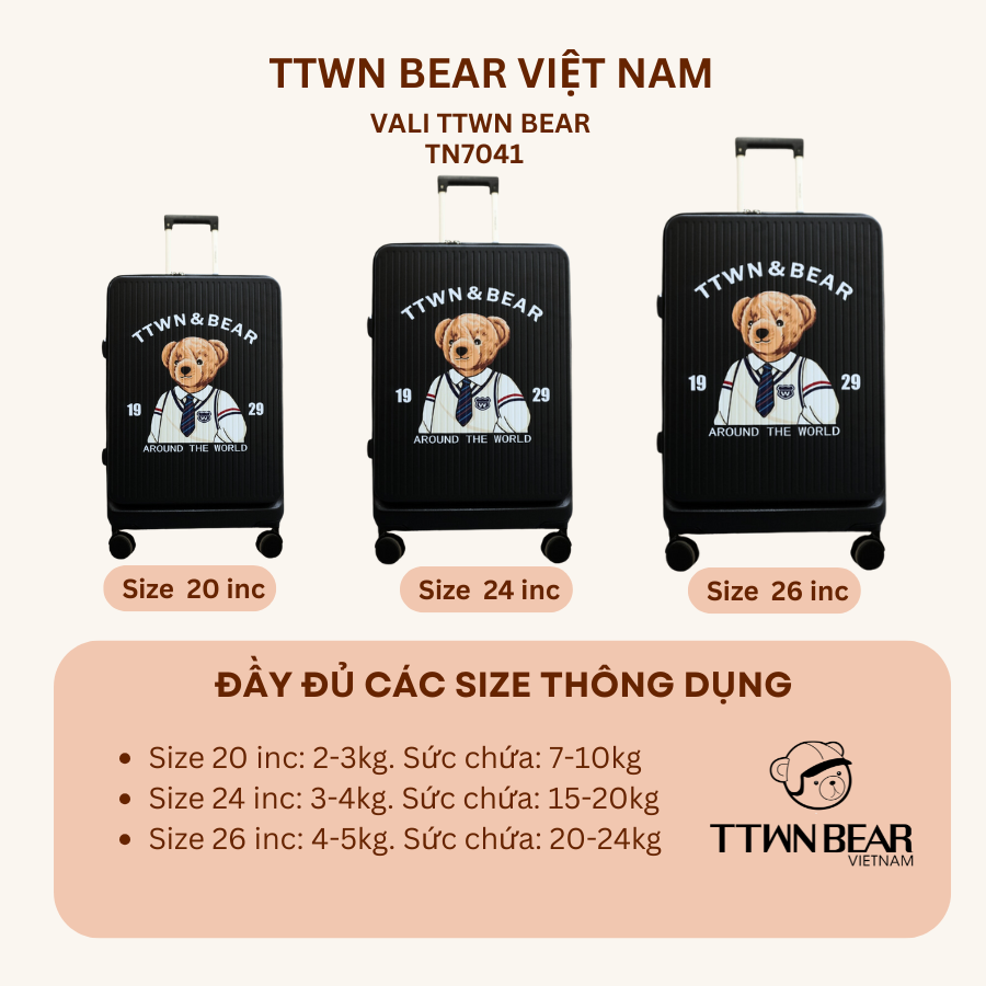 Mô tả Vali TTWN BEAR chính hãng - TN7041 đi du lịch, đi chơi size 20, size 24 - 4