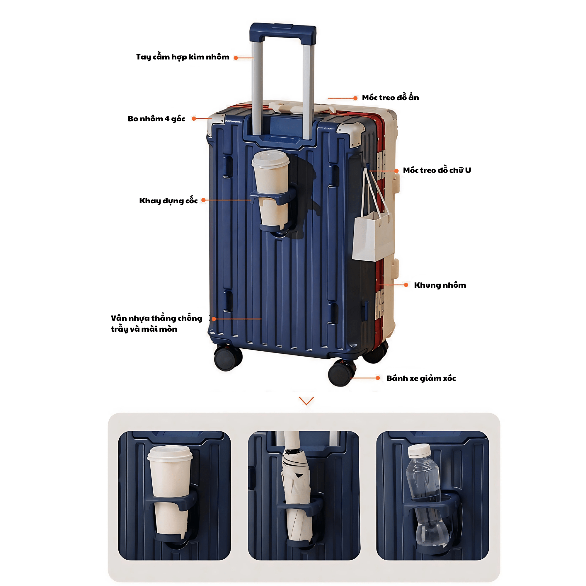 Mô tả Vali khung nhôm cao cấp Kingsun KS-607 (Khay đựng nước+Móc treo đồ+Bánh xe giảm xóc), Bảo hành 5 năm - 5