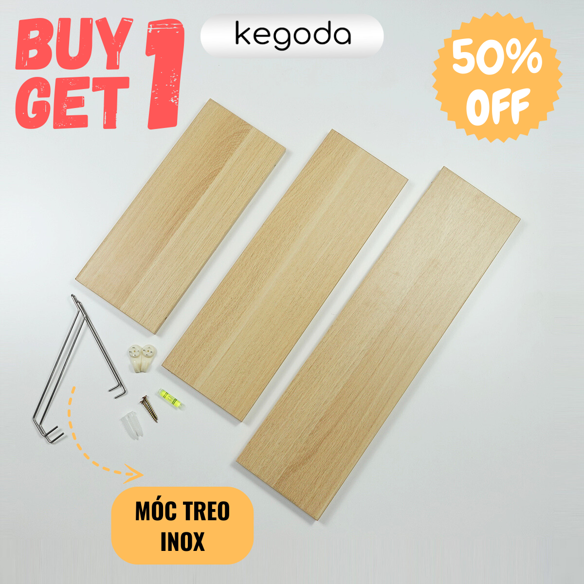 Mô tả Kệ Treo Tường Không Khoan Màu Sồi Oak, Tặng Kèm Móc Treo KEGODA KT55 - 1
