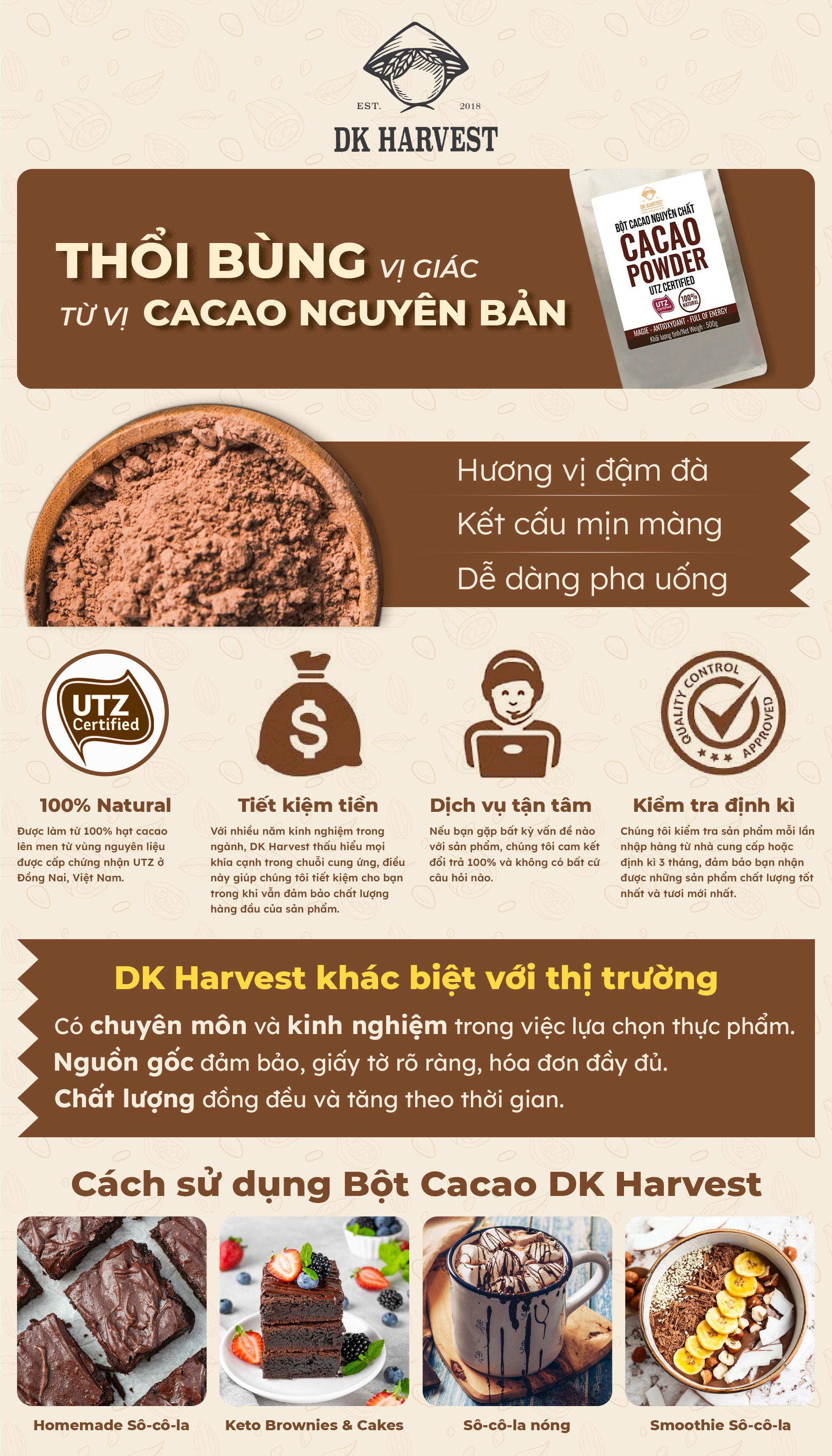 Mô tả Bột Cacao Nguyên Chất DK Harvest - Chuẩn UTZ, 11-13% Bơ Cacao | Đậm Vị, Giàu Chất Chống Oxy Hóa, Cải Thiện Tâm Trạng - 1