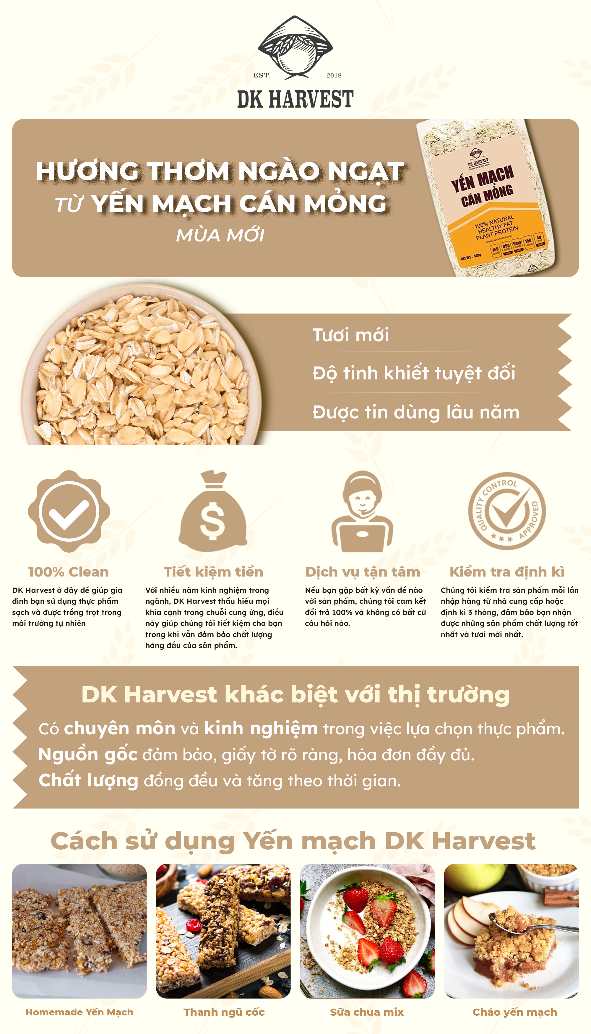 Mô tả 1kg Yến Mạch Cán Dẹt 0.9mm - DK Harvest Nhập Khẩu Úc | Ngũ Cốc Dinh Dưỡng, Hỗ Trợ Giảm Cân - 1