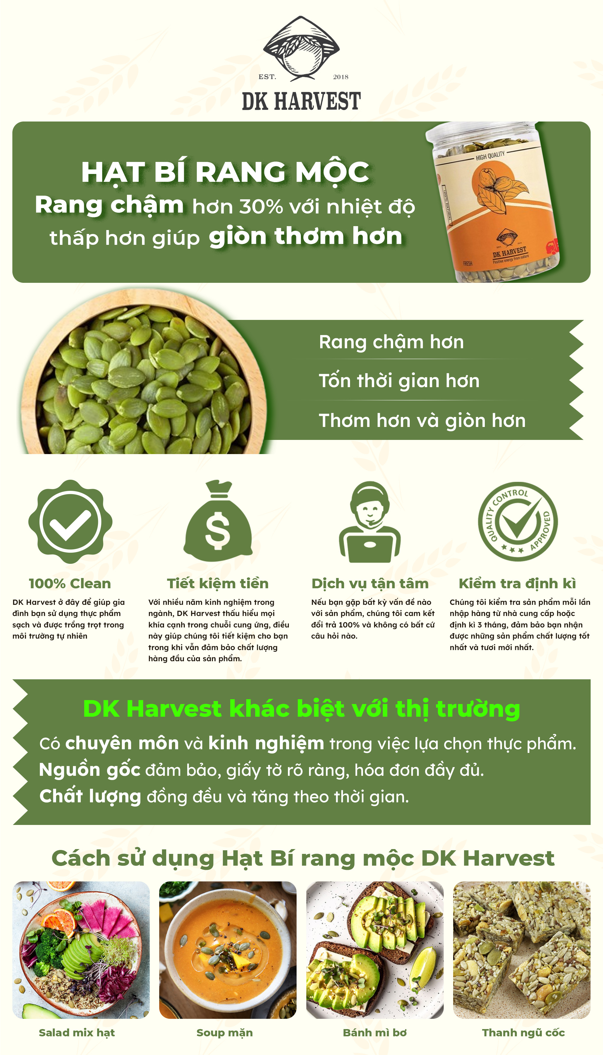 Mô tả Hạt Bí Xanh Rang Mộc DK Harvest 250g/500g | Thực Phẩm Giàu Kẽm và Magie, Tốt Cho Tim Mạch - 1