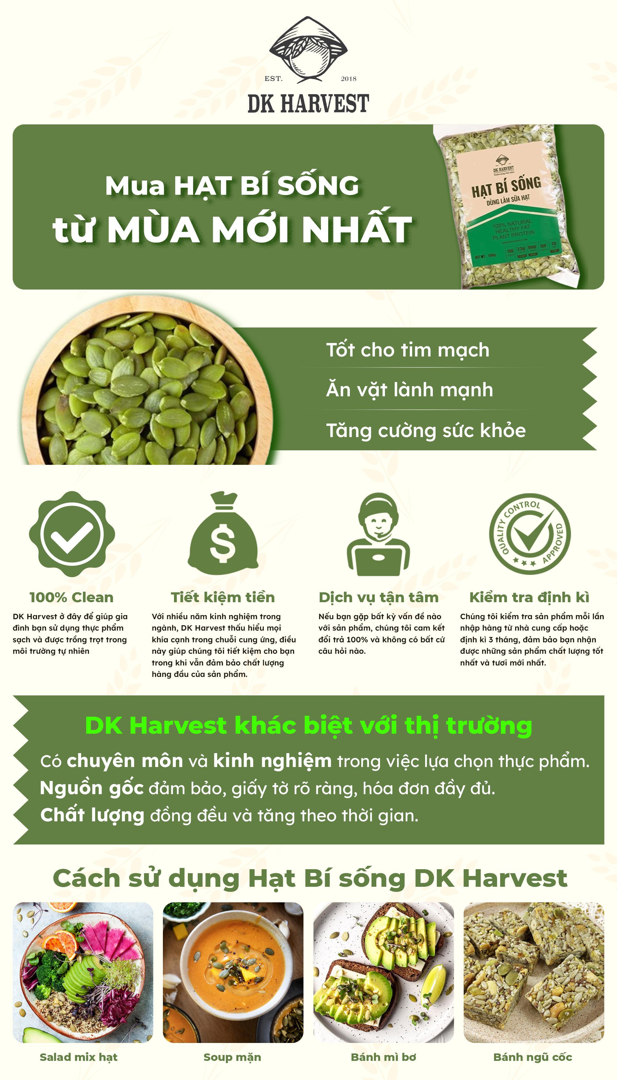 Mô tả 500g Hạt Bí Sống DK Harvest, Nguồn Hàng Chất Lượng Cao - Thực Phẩm Giàu Kẽm - 1