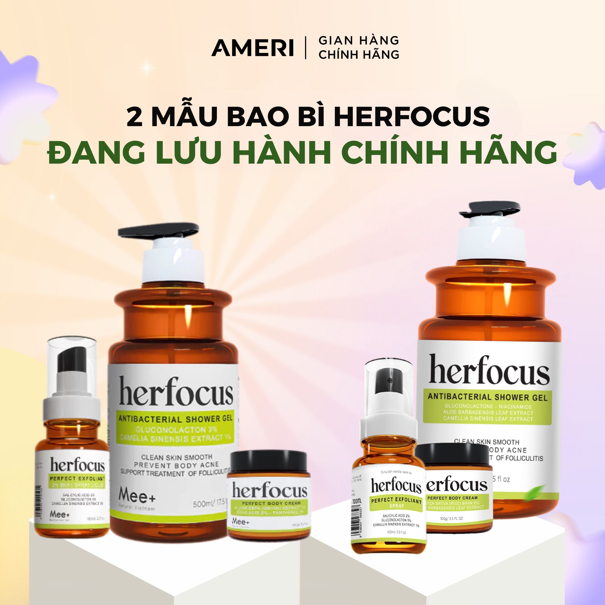 Mô tả Bộ viêm nang lông, viêm lỗ chân lông, Xịt mụn lưng HERFOCUS ngăn ngừa mụn, giảm thâm MEE NATURAL - 1