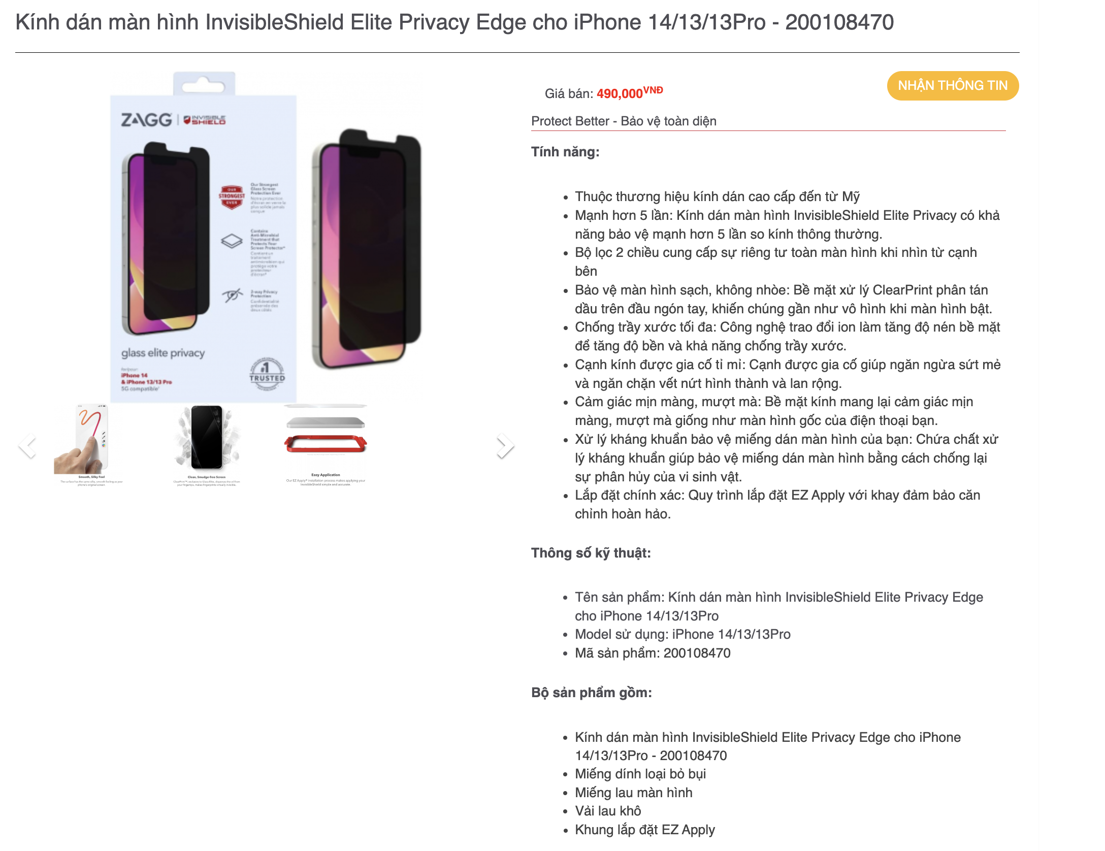 Mô tả Kính cường lực InvisibleShield cho iPhone SE4/14/13/13Pro/6/7/8/X/11 series chống ánh sáng xanh, chống nhìn trộm - 1
