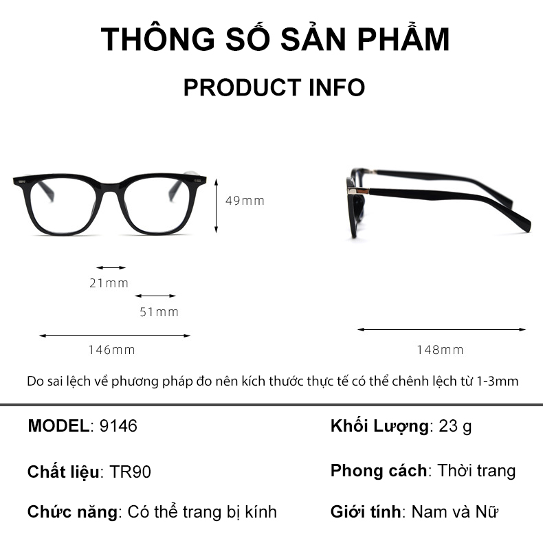 Mô tả Gọng kính cận thời trang nam nữ ANDU EYEWEAR dáng vuông chống tia UV nhựa cốt kim loại - 9146 - 2