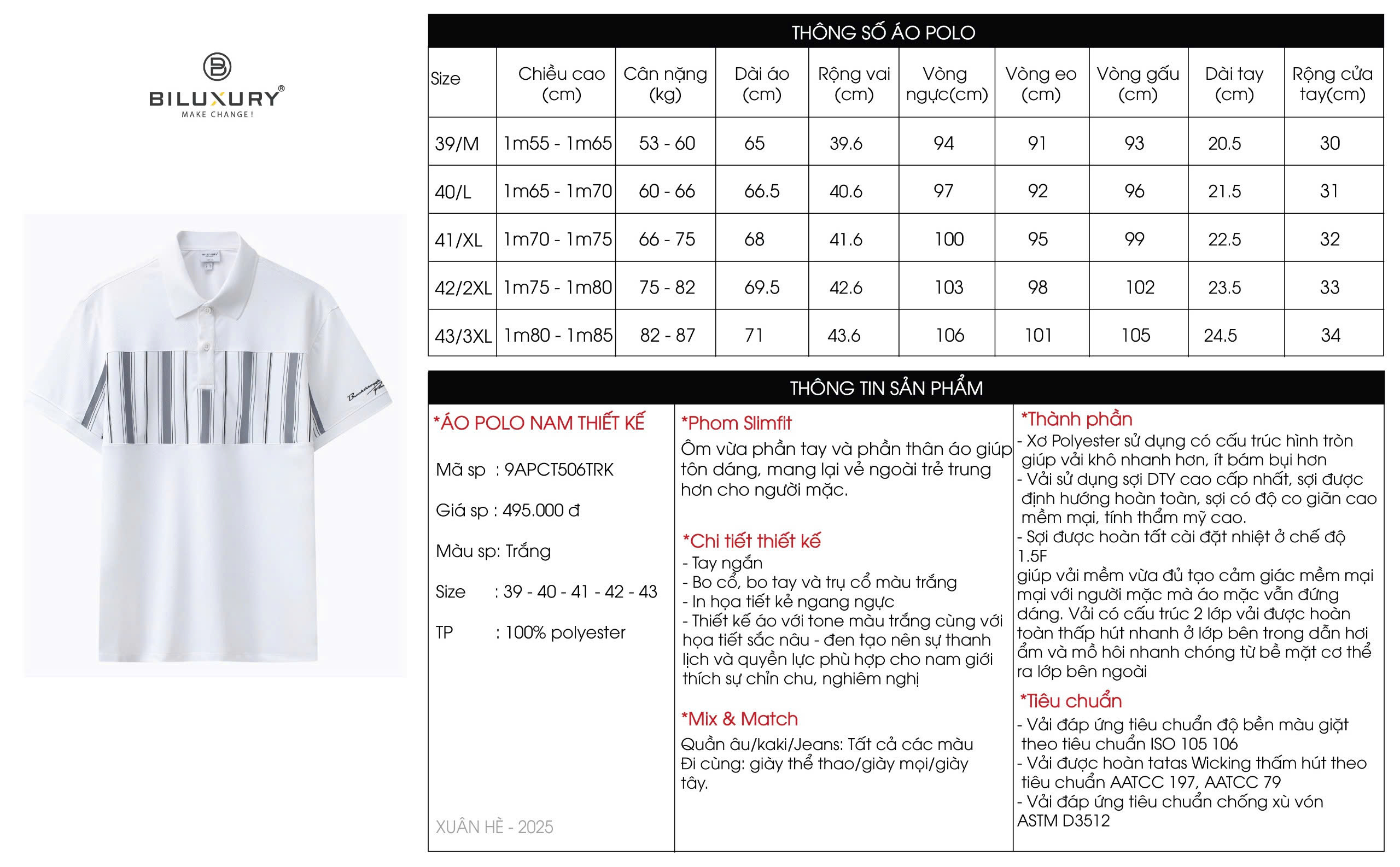 Mô tả Áo Polo Nam Chất Liệu Polyester 9APCT506TRK, Polo Thiết Kế Biluxury - 1